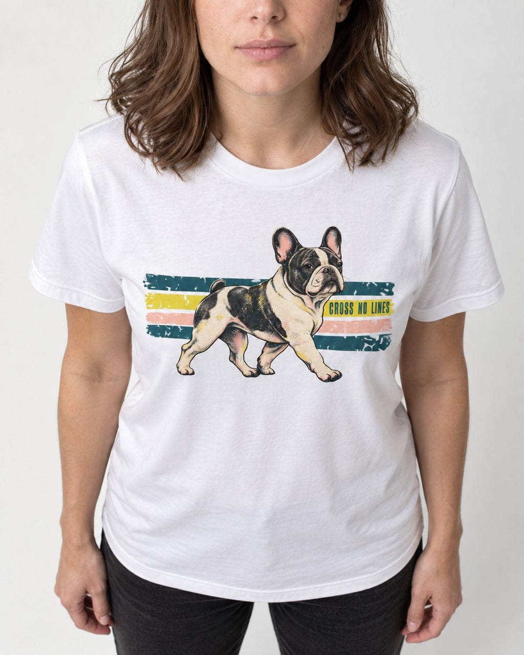 Frenchie Cross No Lines T-Shirt in White, worn by a model, front view