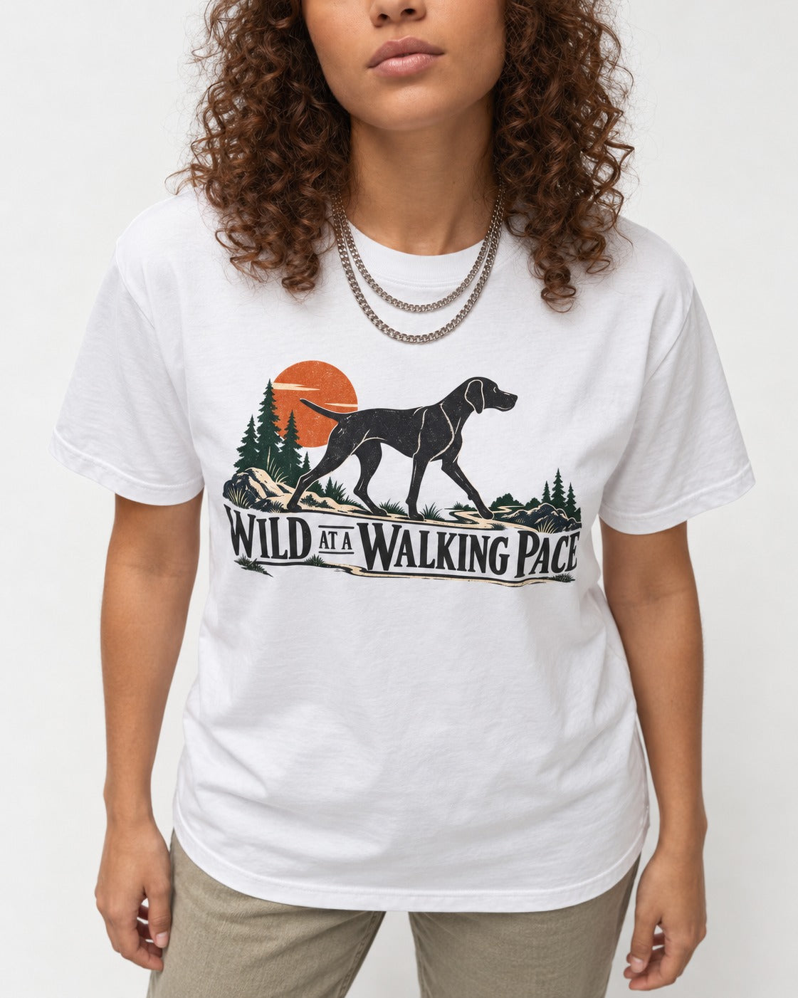 Wild at a Walk German Shorthaired Pointer T-Shirt in White, worn by a model, front view
