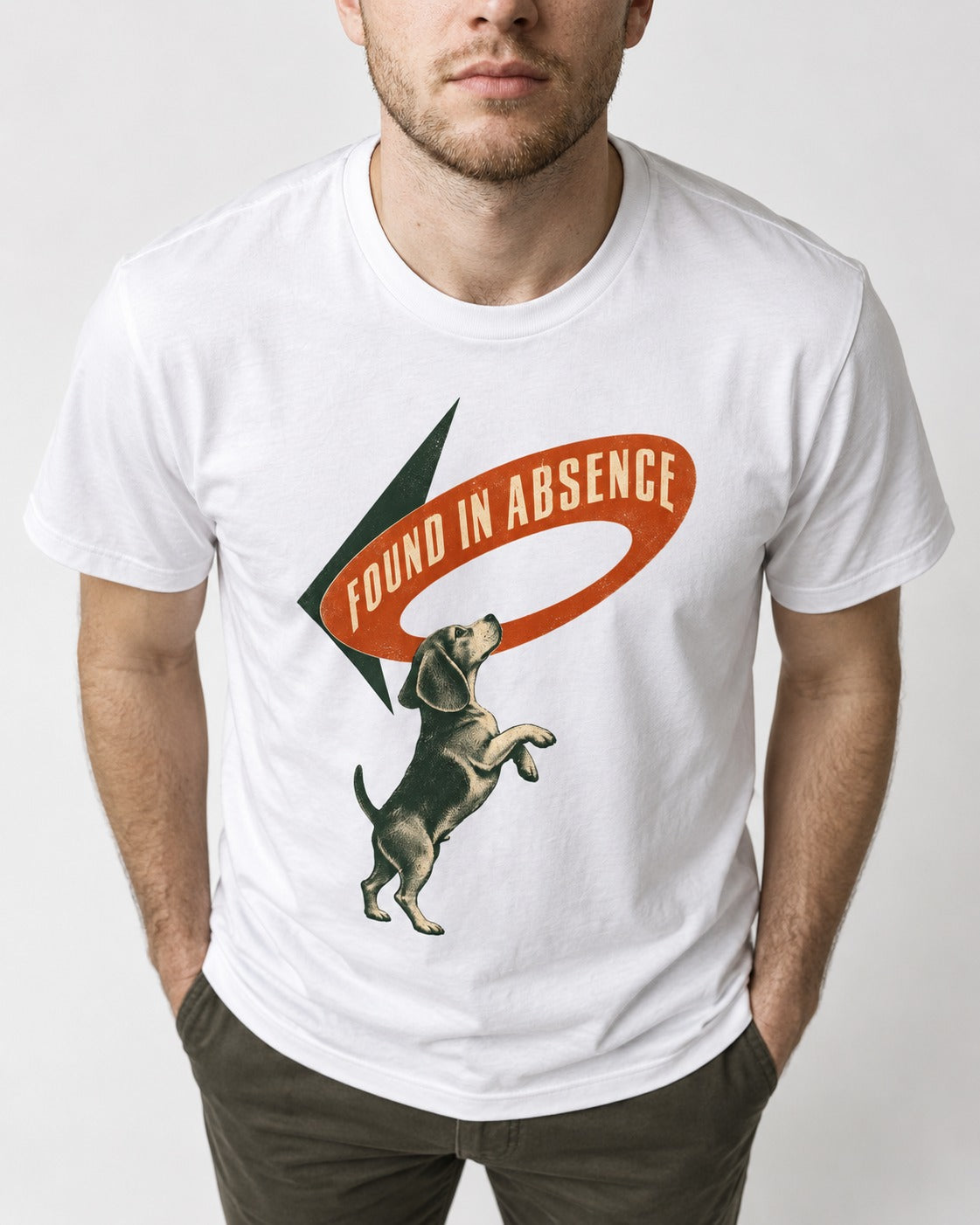 Beagle Found in Absence T-Shirt in White, worn by a model, front view