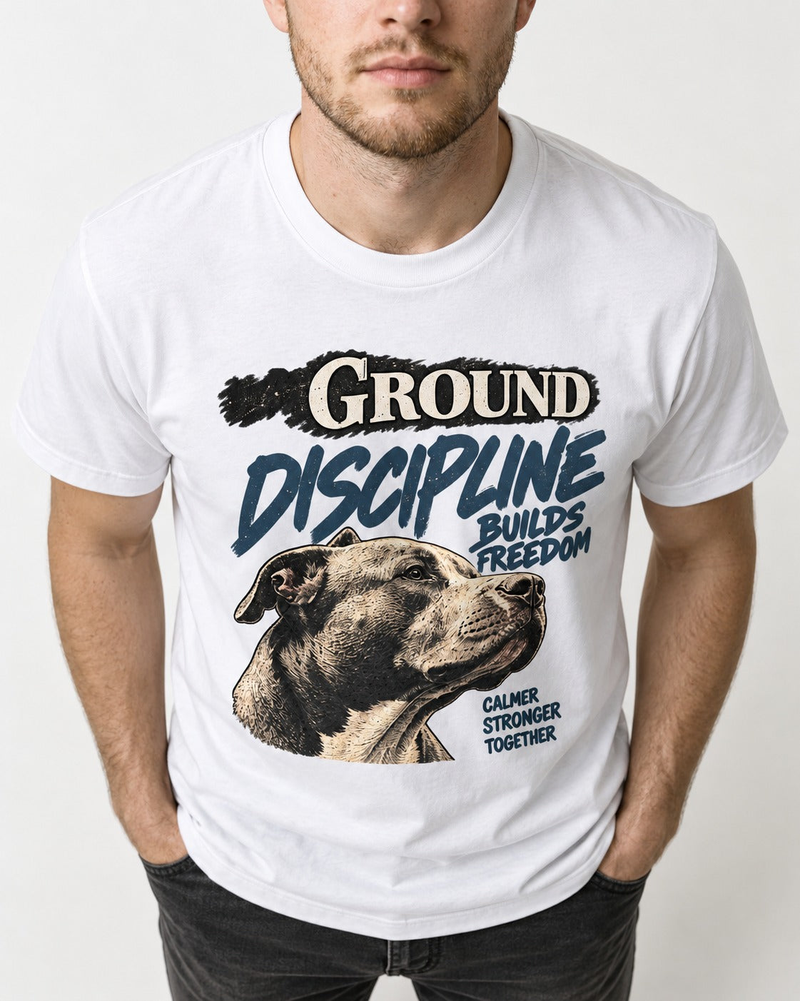 Pitbull Discipline Builds Freedom T-Shirt in White, worn by a model, front view