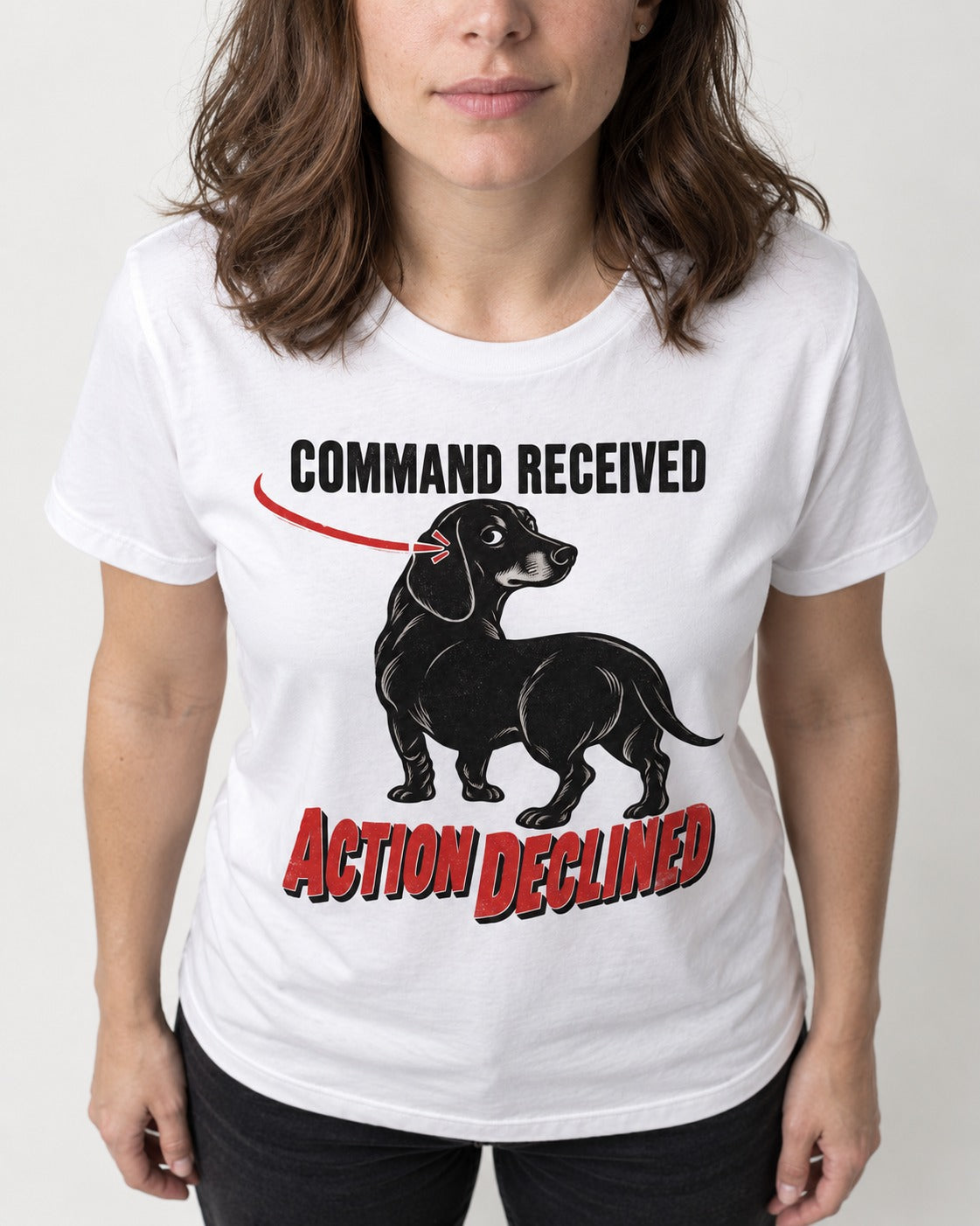 Dachshund Action Declined T-Shirt in White, worn by a model, front view