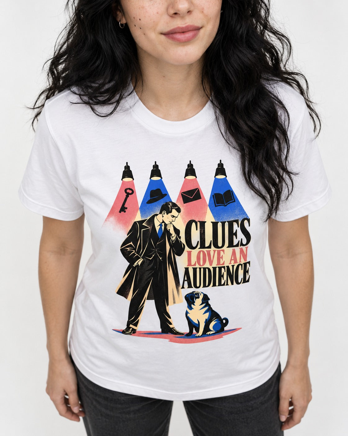Pug Clues Love an Audience T-Shirt in White, worn by a model, front view