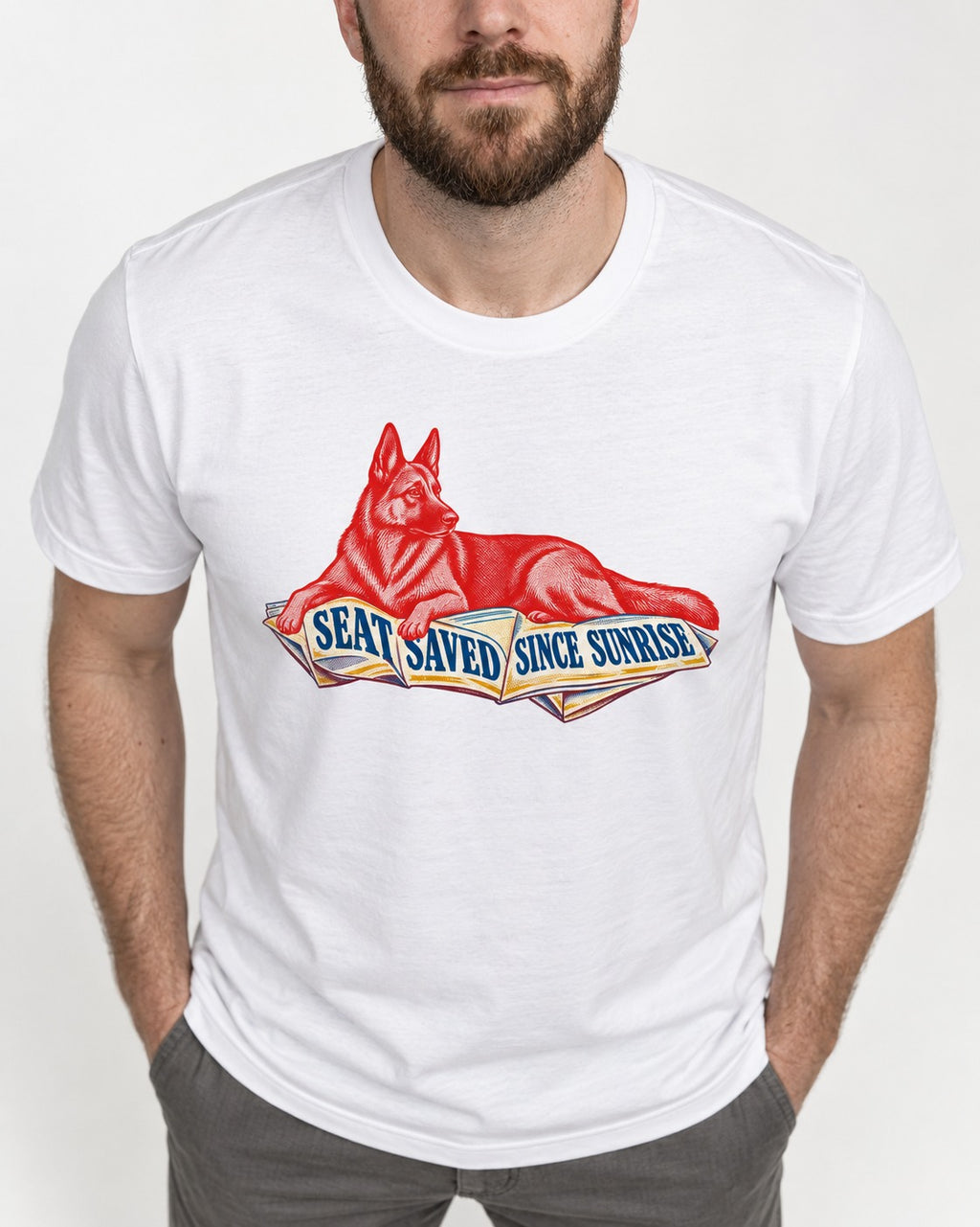 Seat Saved Since Sunrise German Shepherd Dog T-Shirt in White, worn by a model, front view