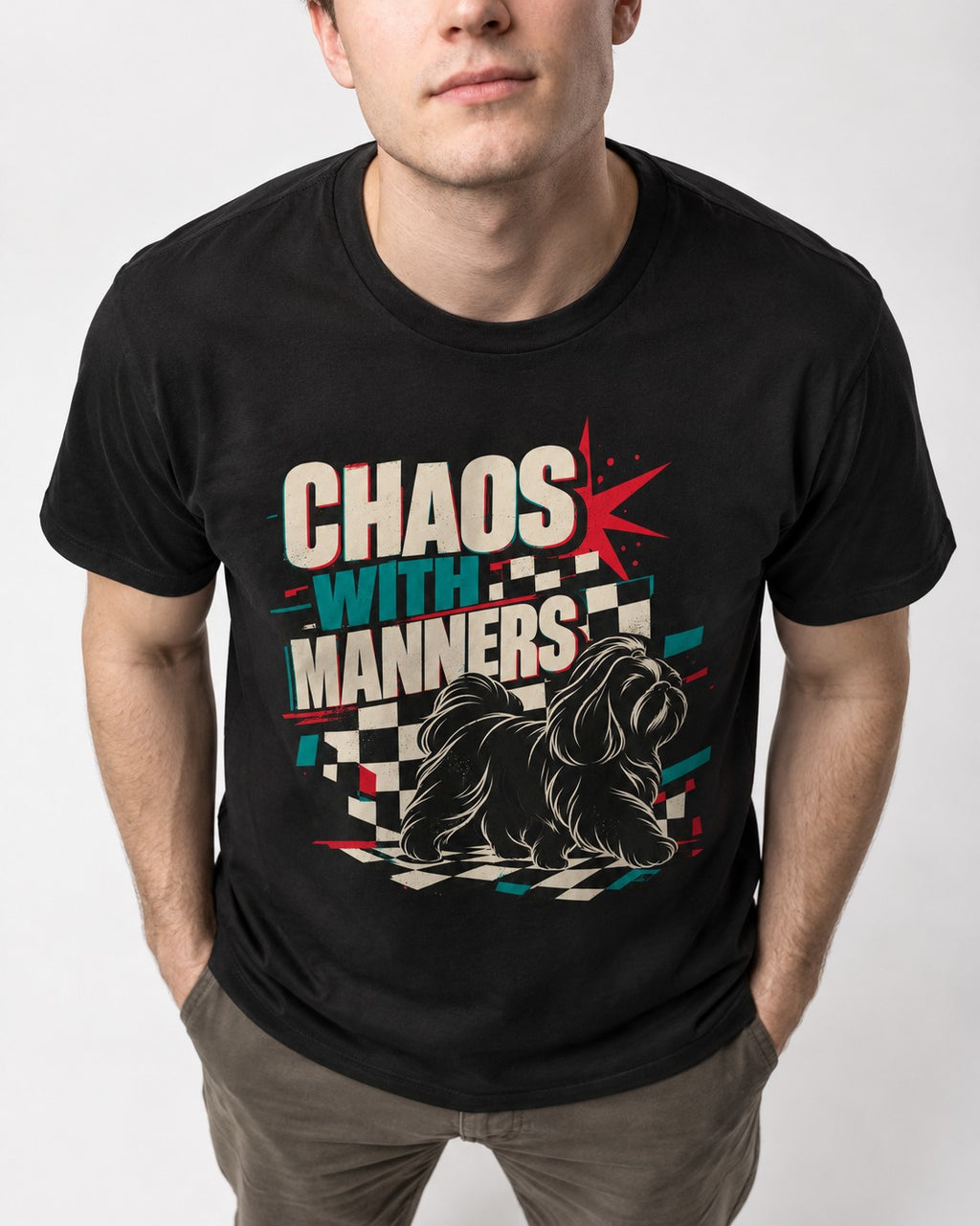 Shih Tzu Chaos with Manners Checkerboard Graphic T-Shirt in Black, worn by a model, front view