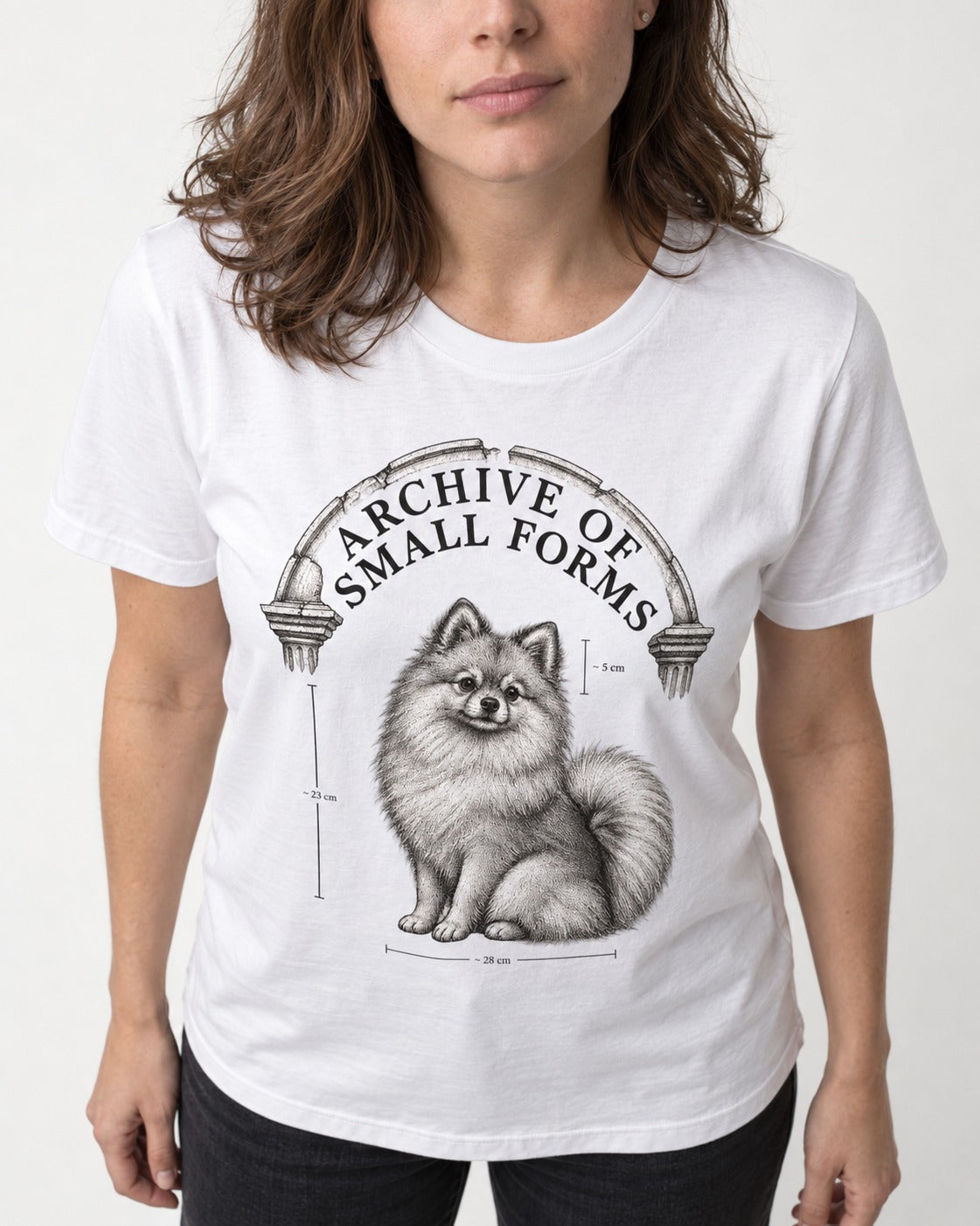 Pomeranian Archive of Small Forms T-Shirt in White, worn by a model, front view