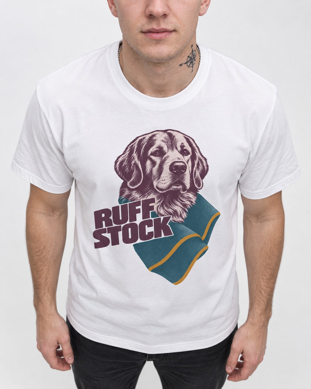 Golden Retriever Ruff Stock T-Shirt in White, worn by a model, front view