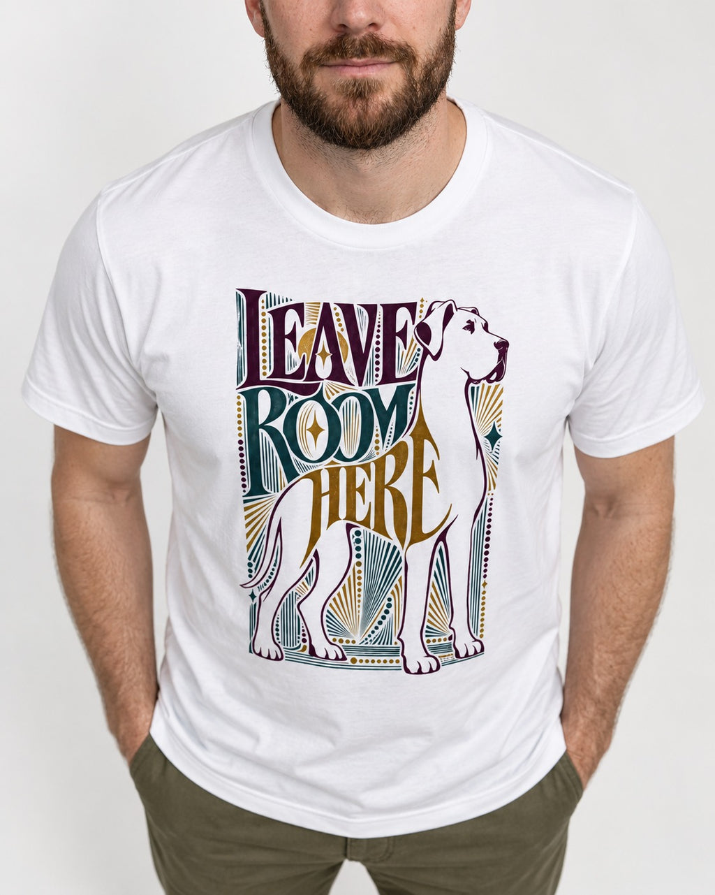 Leave Room for Great Dane T-Shirt in White, worn by a model, front view