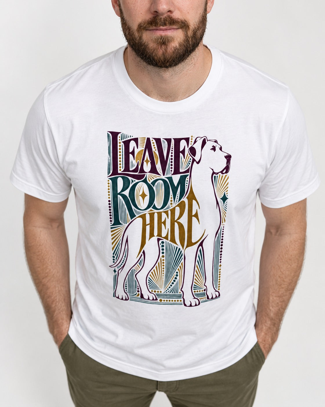 Leave Room for Great Dane T-Shirt in White, worn by a model, front view