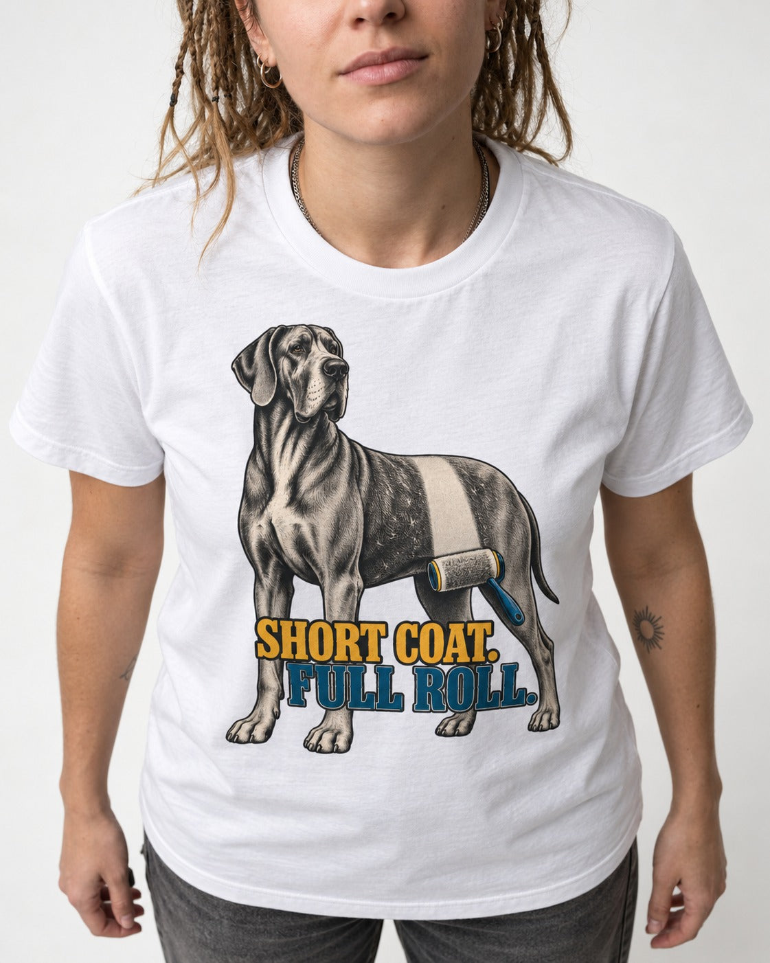 Short Coat Full Roll Great Dane T-Shirt in White, worn by a model, front view