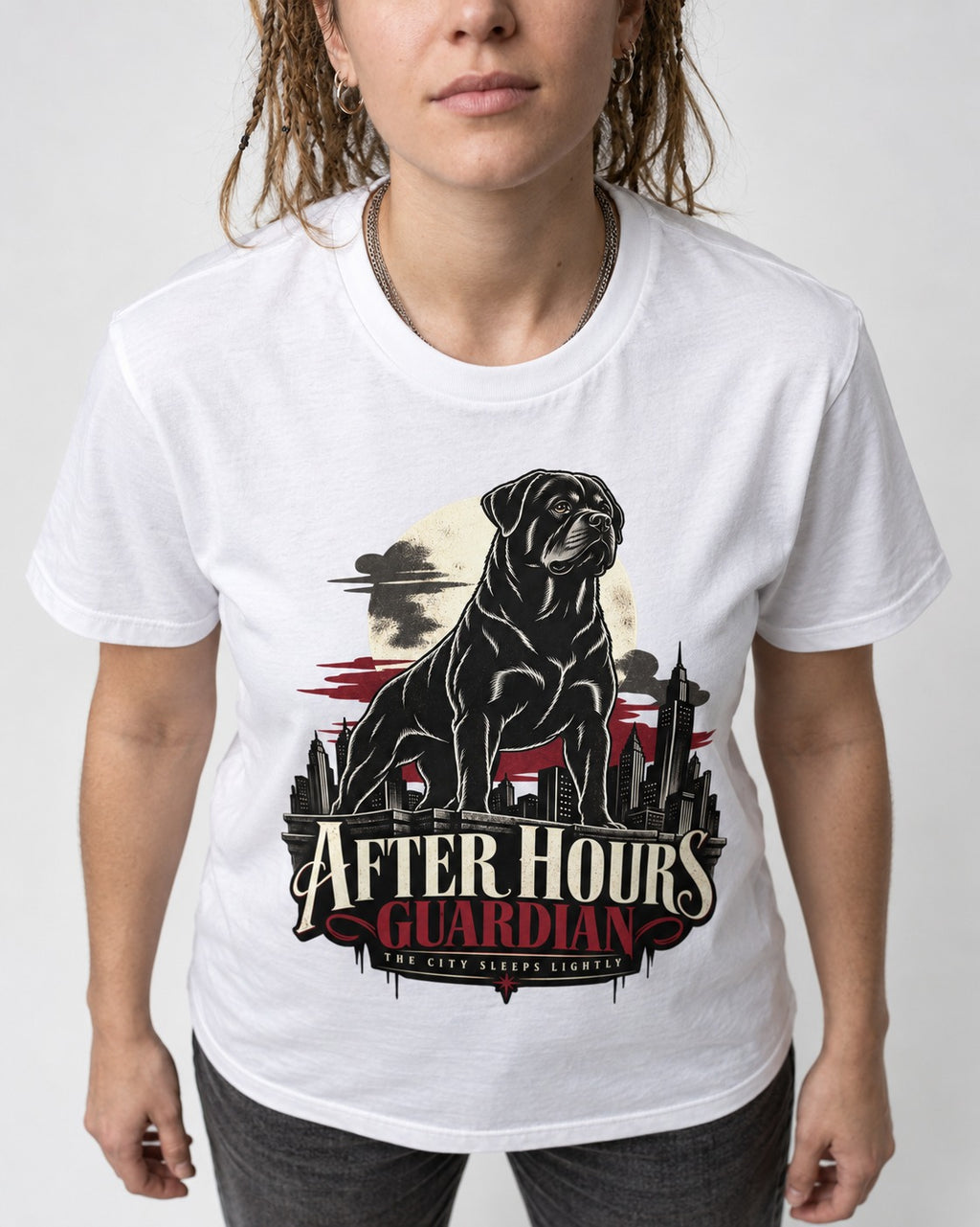 After Hours Rottweiler Guardian T-Shirt in White, worn by a model, front view