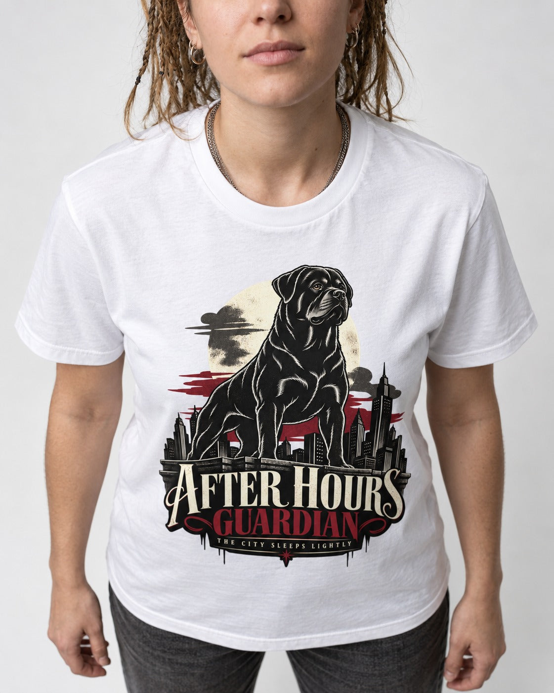 After Hours Rottweiler Guardian T-Shirt in White, worn by a model, front view