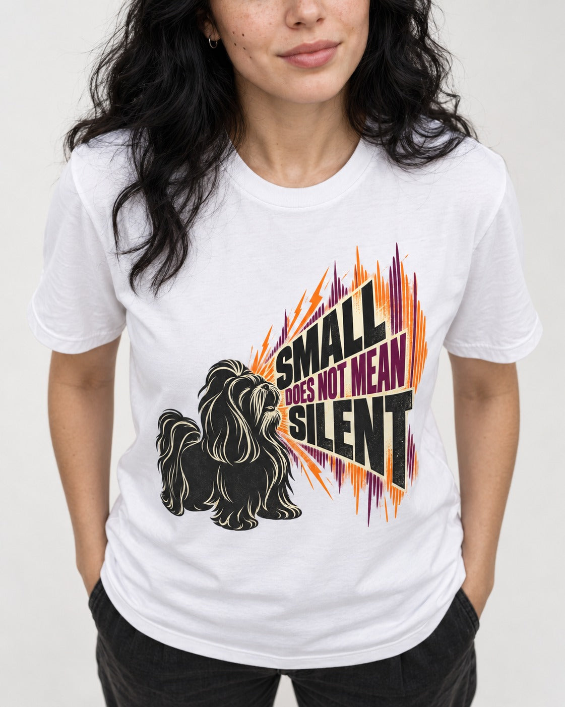Small Not Silent Shih Tzu T-Shirt in White, worn by a model, front view