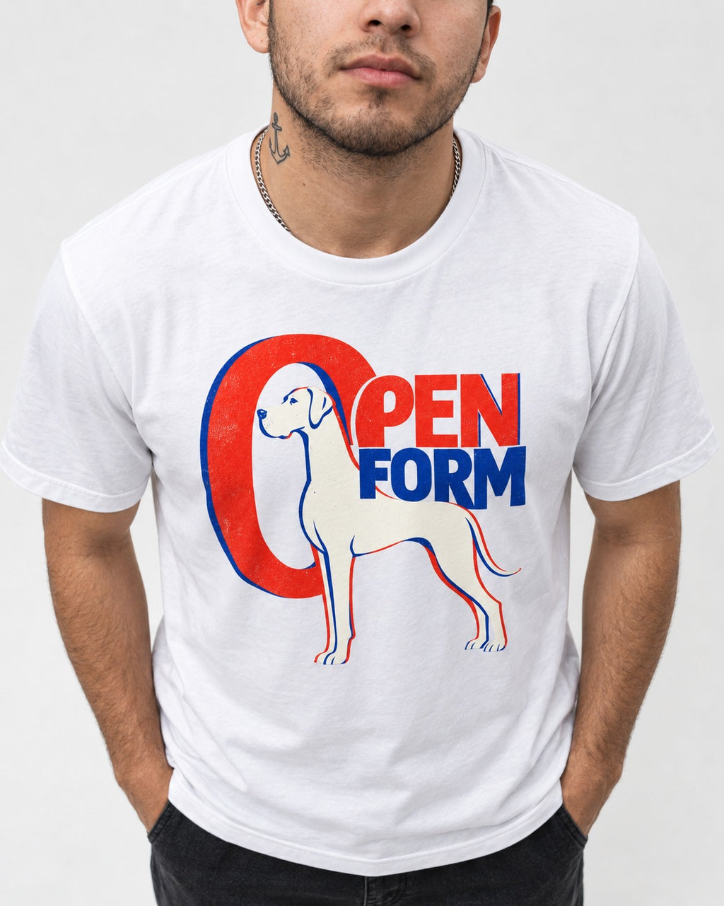 Open Form Great Dane T-Shirt in White, worn by a model, front view