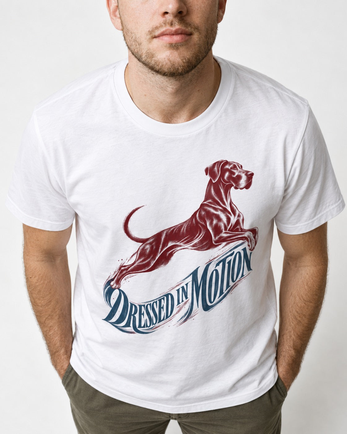 Great Dane Dressed in Motion T-Shirt in White, worn by a model, front view