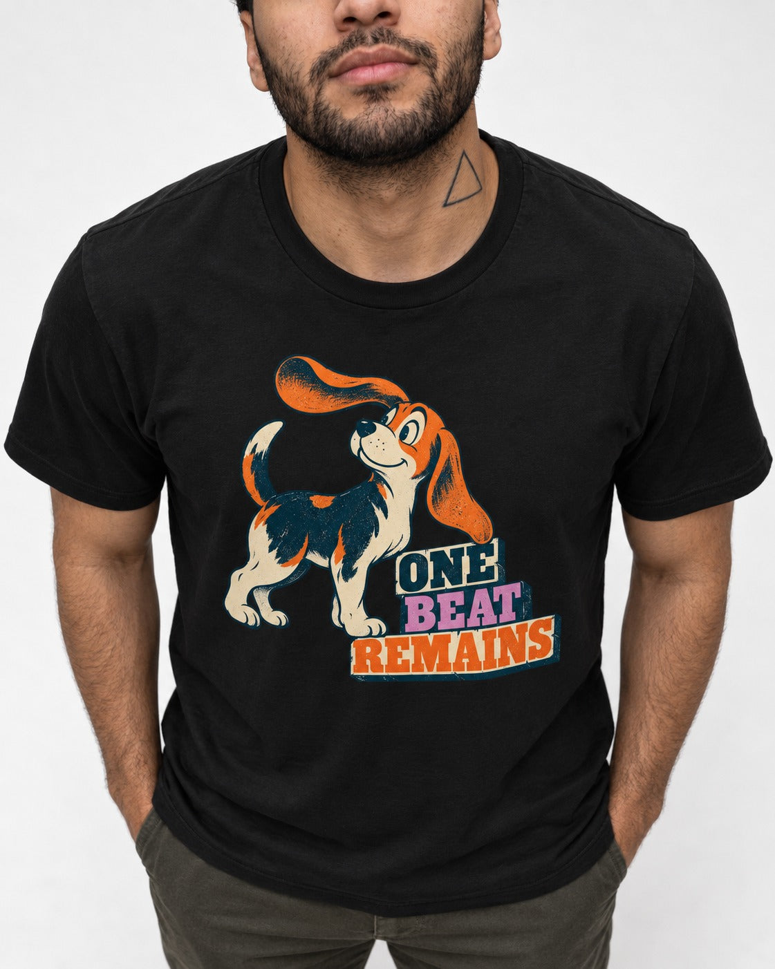 Retro Beagle One Beat Remains T-Shirt in Black, worn by a model, front view