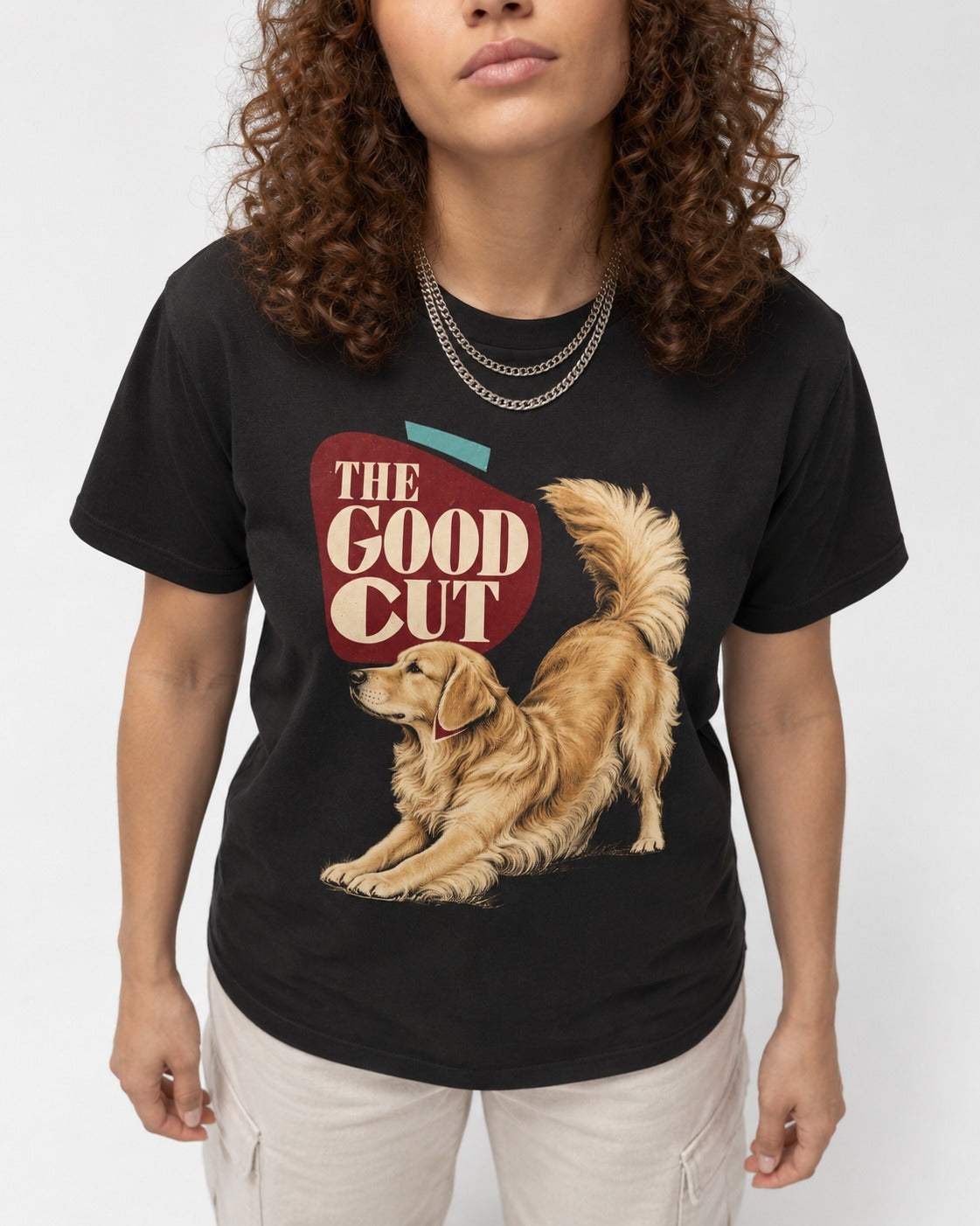 Golden Retriever The Good Cut Play Bow Graphic T-Shirt in Black, worn by a model, front view