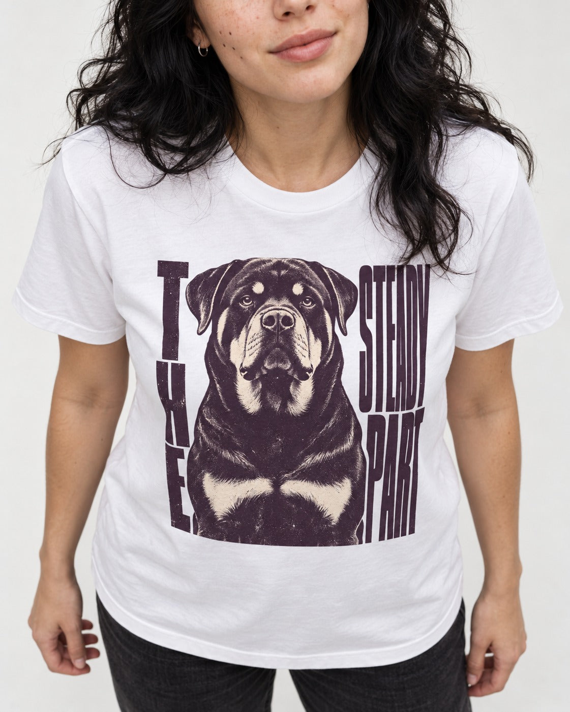 Rottweiler The Steady Part T-Shirt in White, worn by a model, front view