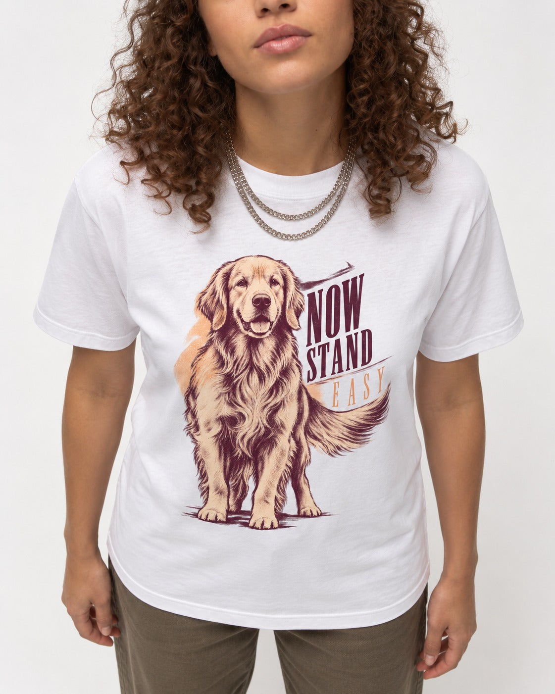 Now Stand Easy Golden Retriever T-Shirt in White, worn by a model, front view