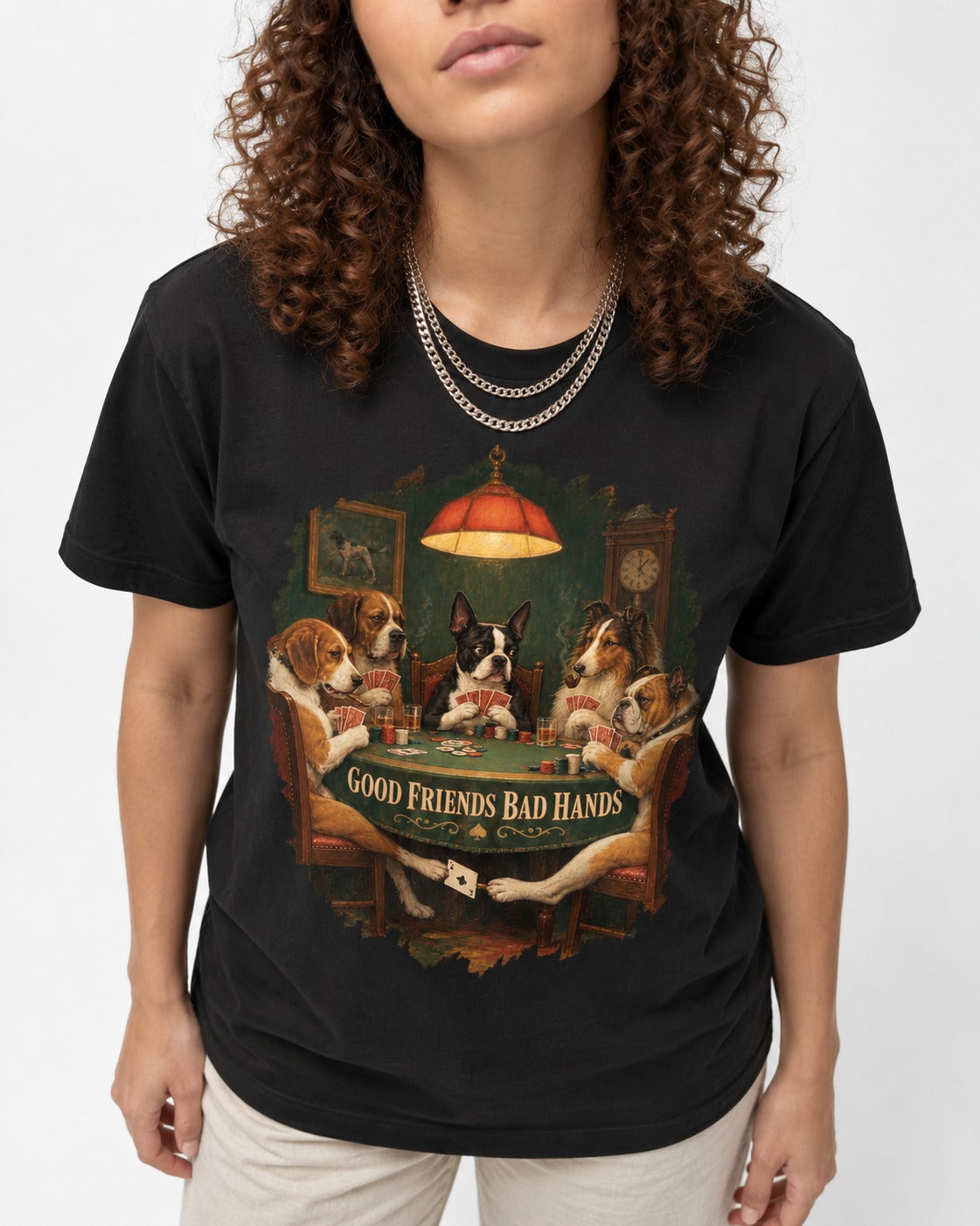 Good Friends Bad Hands Boston Terrier Poker Night T-Shirt in Black, worn by a model, front view