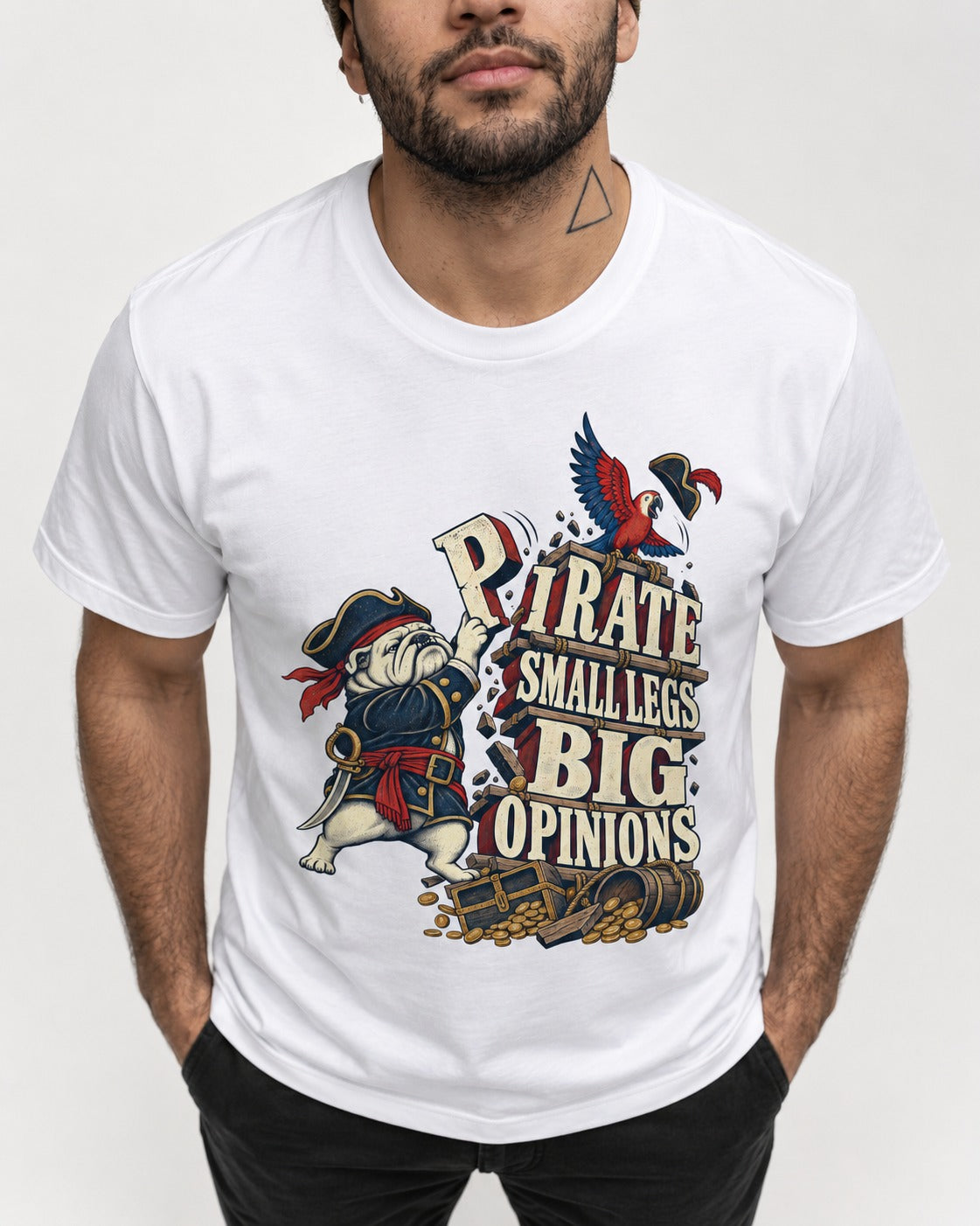 Pirate English Bulldog Big Opinions T-Shirt in White, worn by a model, front view