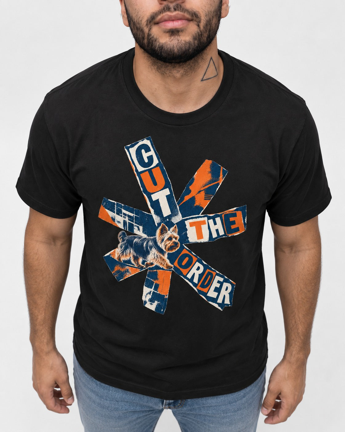 Yorkshire Terrier Cut the Order Radial Collage Graphic T-Shirt in Black, worn by a model, front view