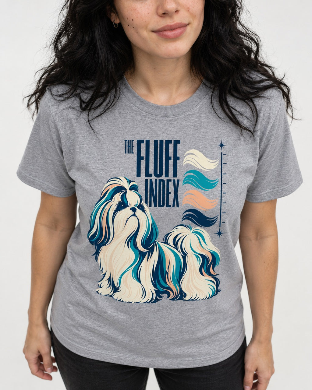 Shih Tzu The Fluff Index Coat Color Chart Graphic T-Shirt in Sport Grey, worn by a model, front view