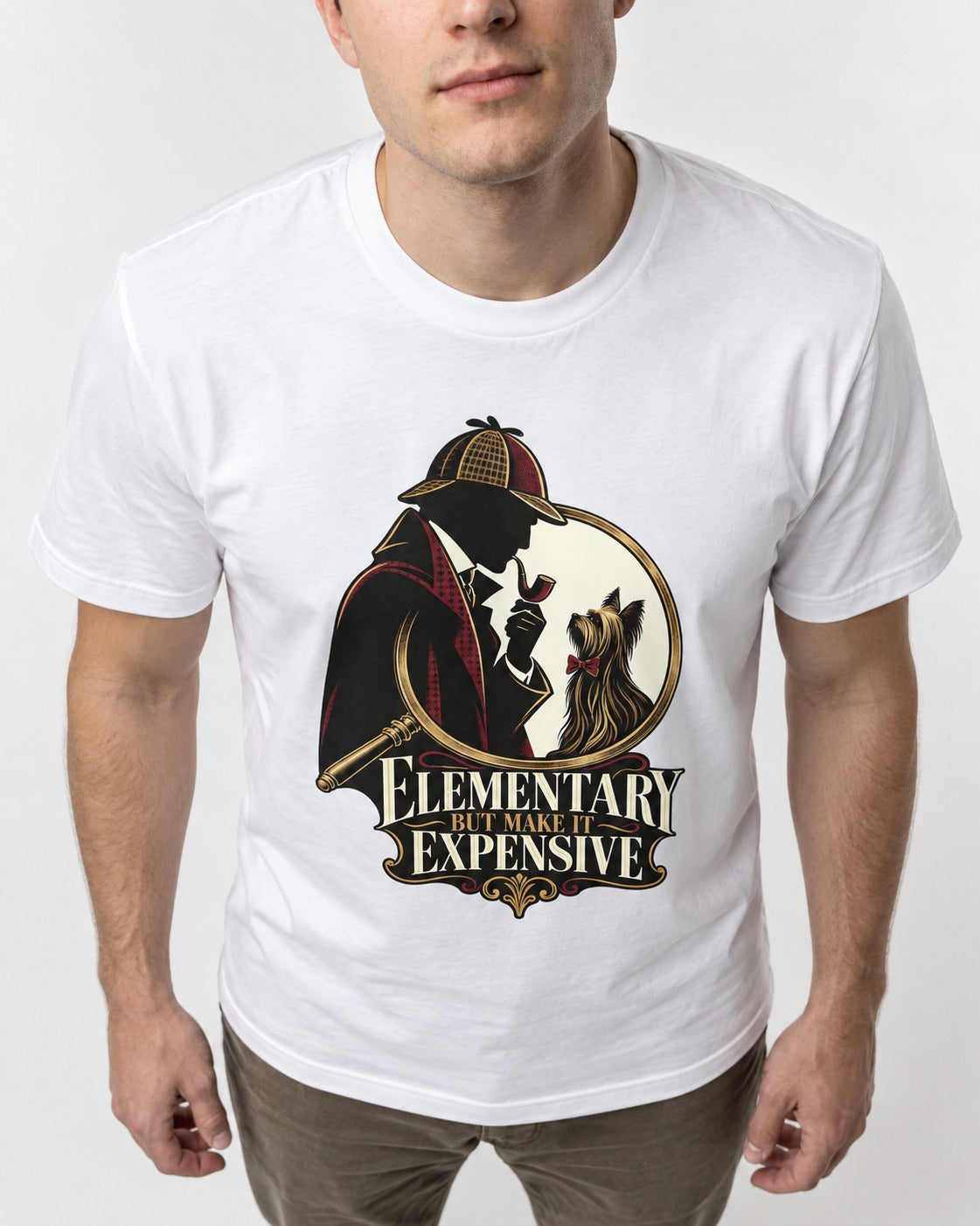 Elementary but Expensive Yorkshire Terrier T-Shirt in White, worn by a model, front view