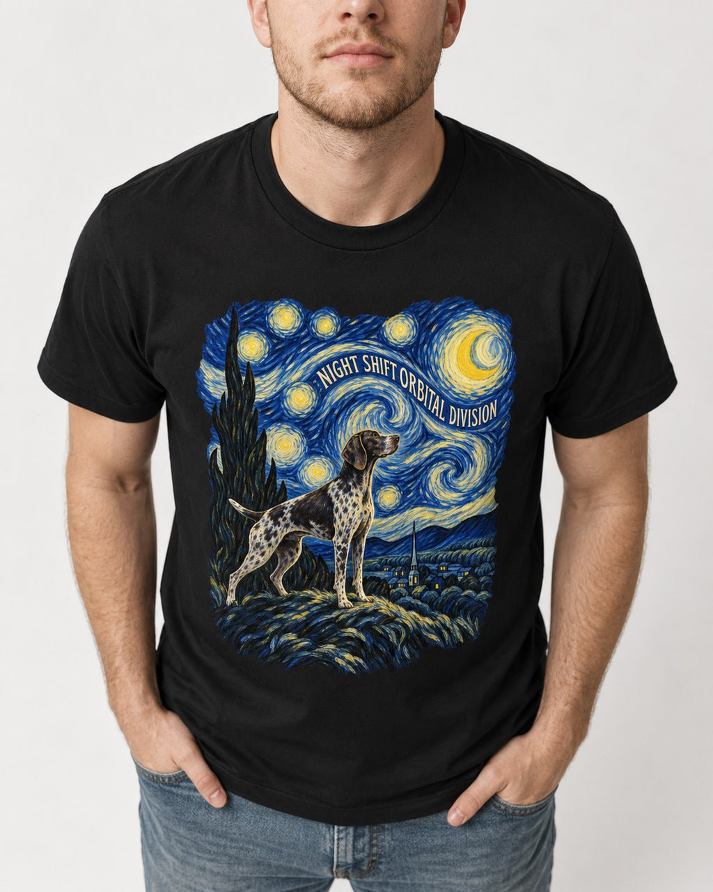 German Shorthaired Pointer Night Shift Orbital Division Starry Night Graphic T-Shirt in Black, worn by a model, front view