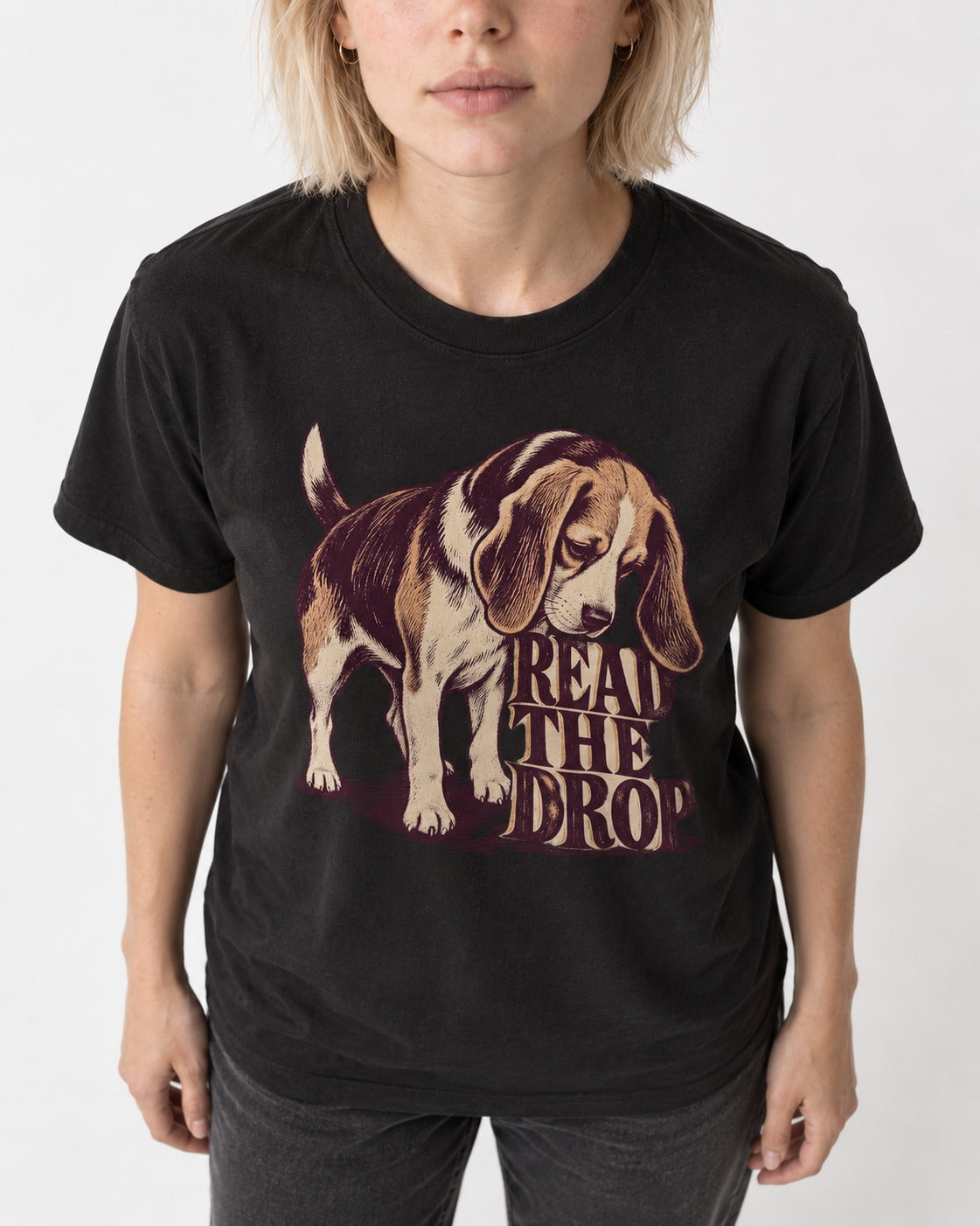 Beagle Read The Drop T-Shirt in Black, worn by a model, front view