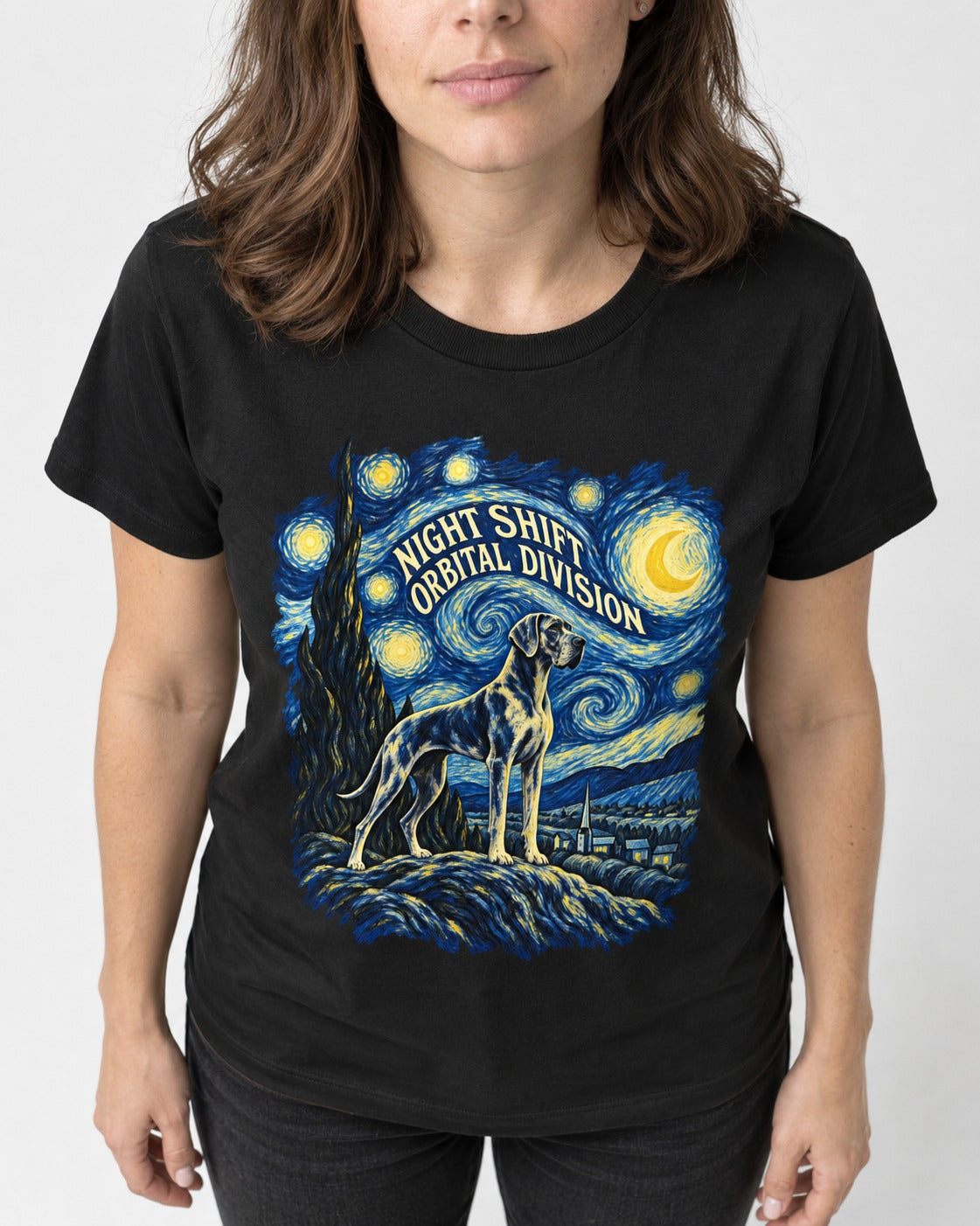 Great Dane Night Shift Orbital Division Starry Sky Graphic T-Shirt in Black, worn by a model, front view