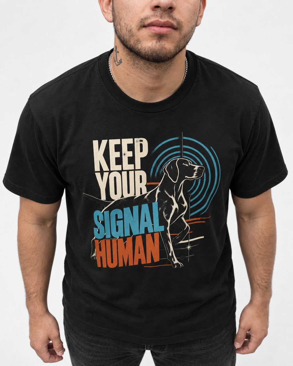 German Shorthaired Pointer Keep Your Signal Human Broadcast Graphic T-Shirt in Black, worn by a model, front view