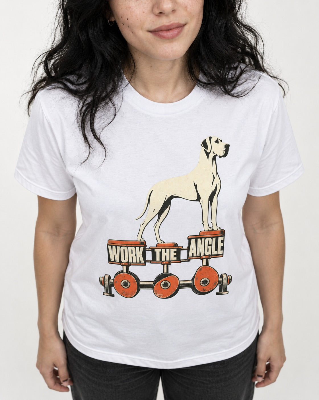 Great Dane Work the Angle T-Shirt in White, worn by a model, front view
