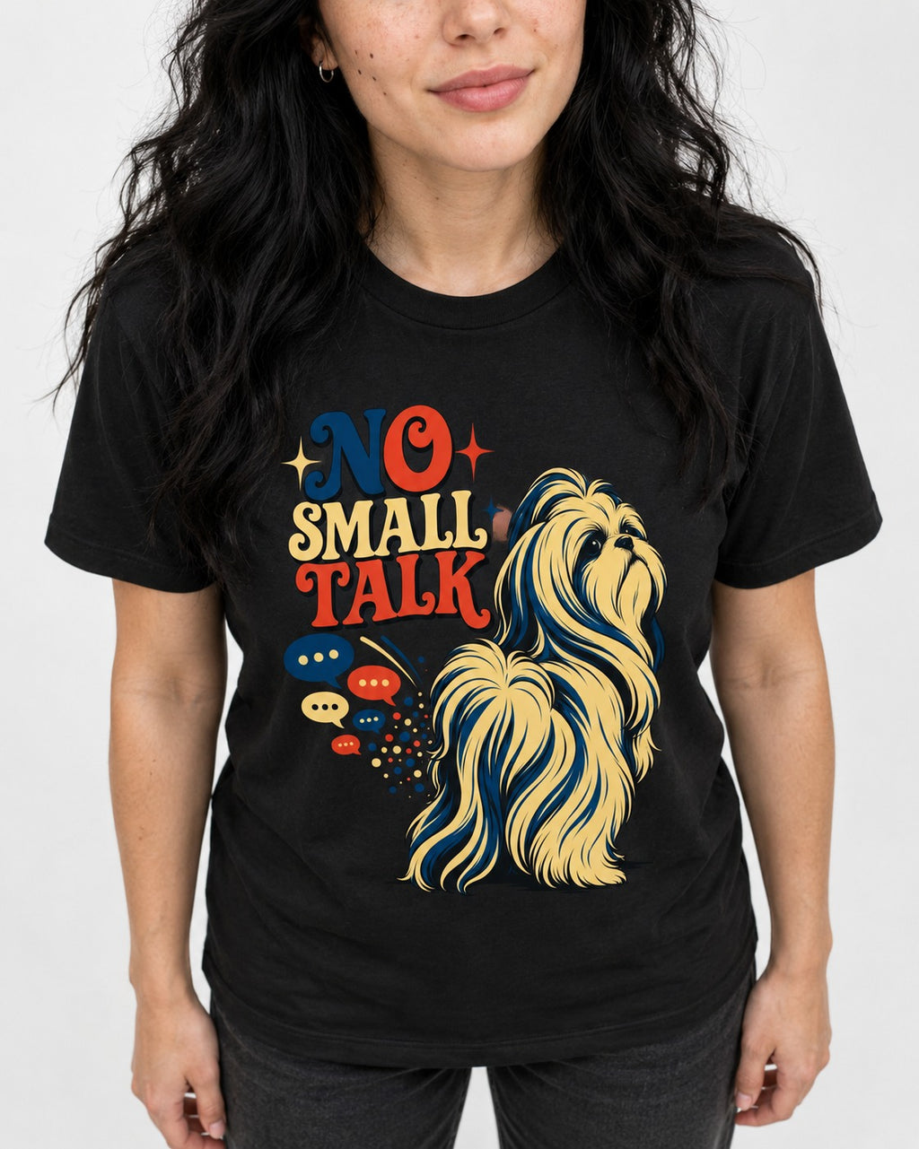 Shih Tzu No Small Talk Speech Bubble Graphic T-Shirt in Black, worn by a model, front view