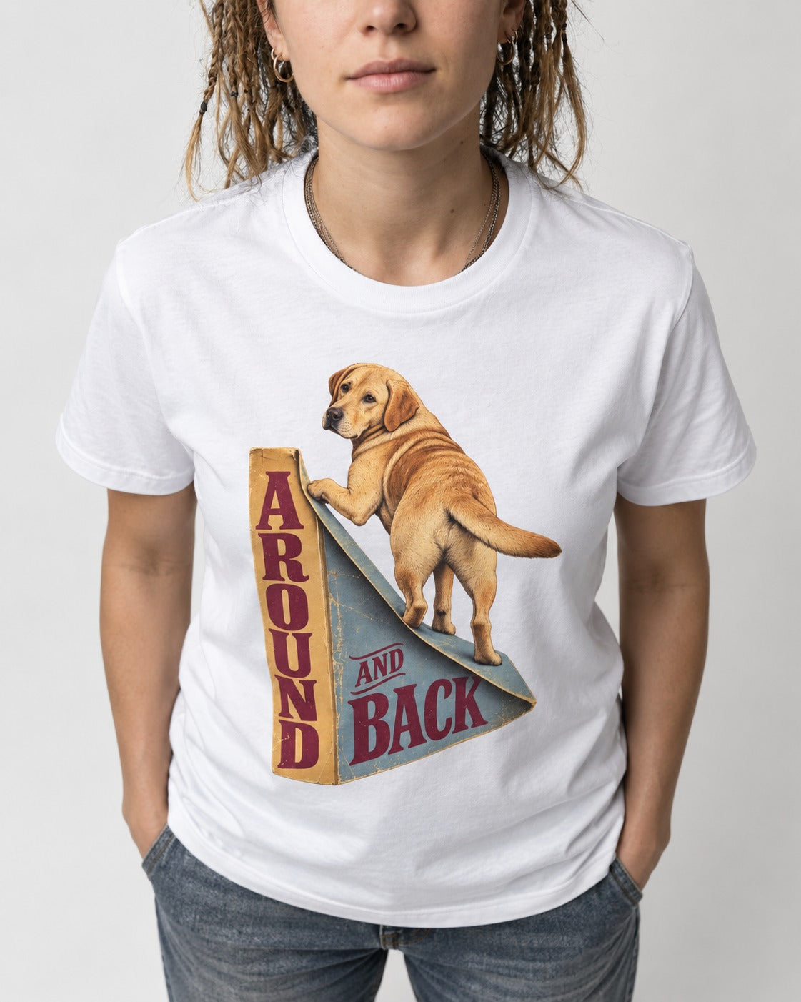 Labrador Retriever Around and Back T-Shirt in White, worn by a model, front view