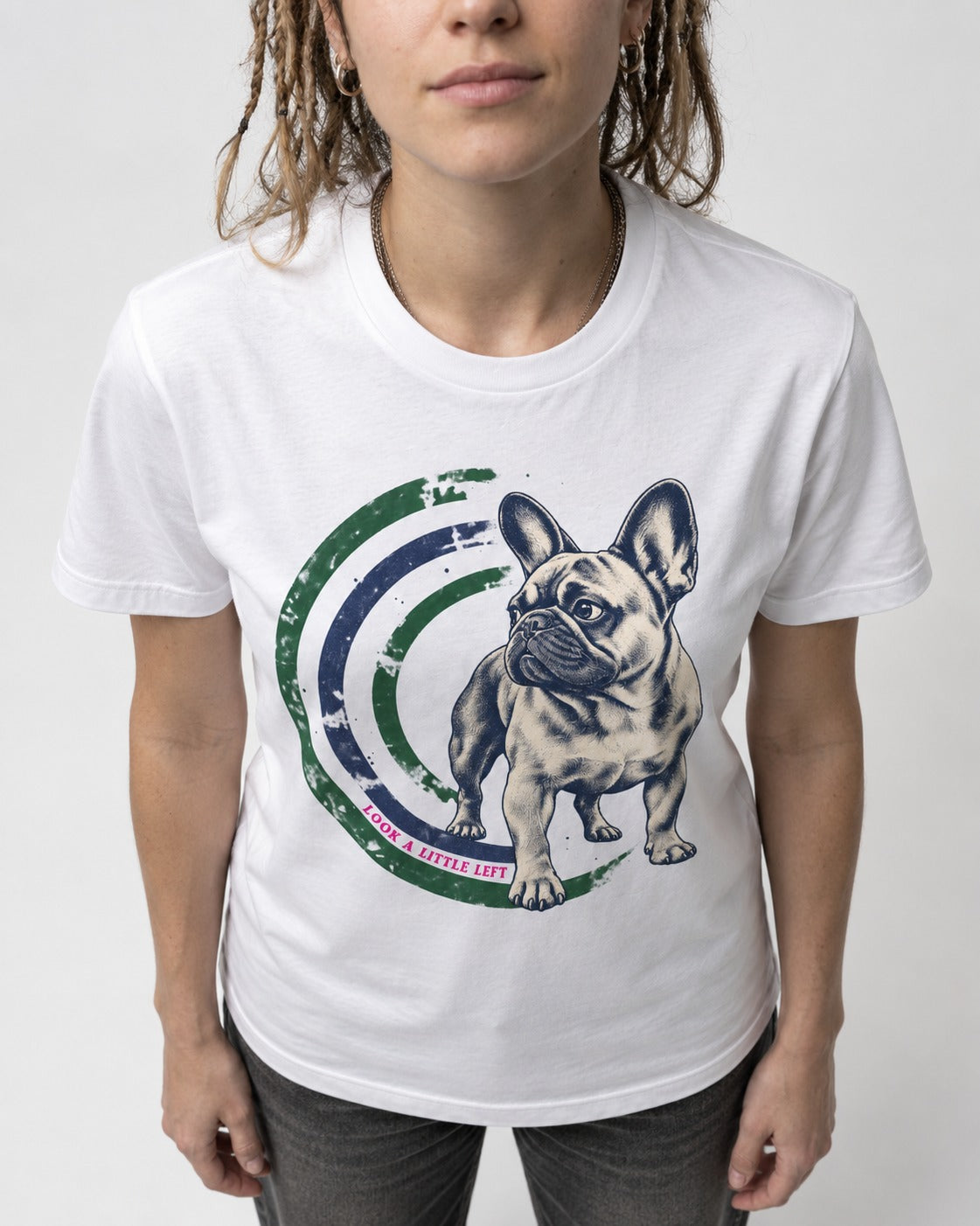 Frenchie Look a Little Left Orbit Graphic T-Shirt in White, worn by a model, front view