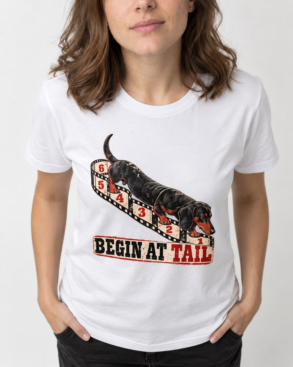 Begin at Tail Dachshund T-Shirt in White, worn by a model, front view