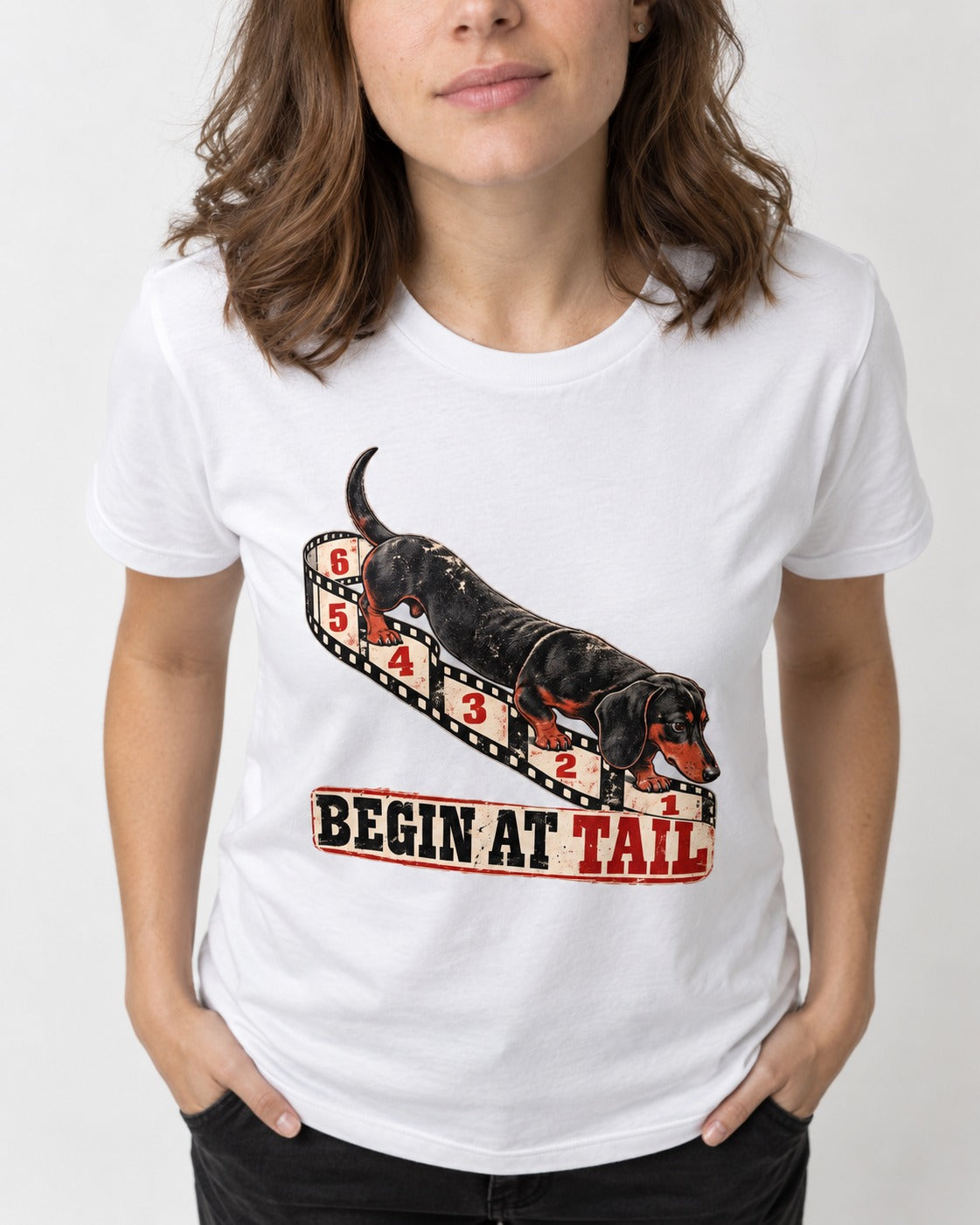 Begin at Tail Dachshund T-Shirt in White, worn by a model, front view