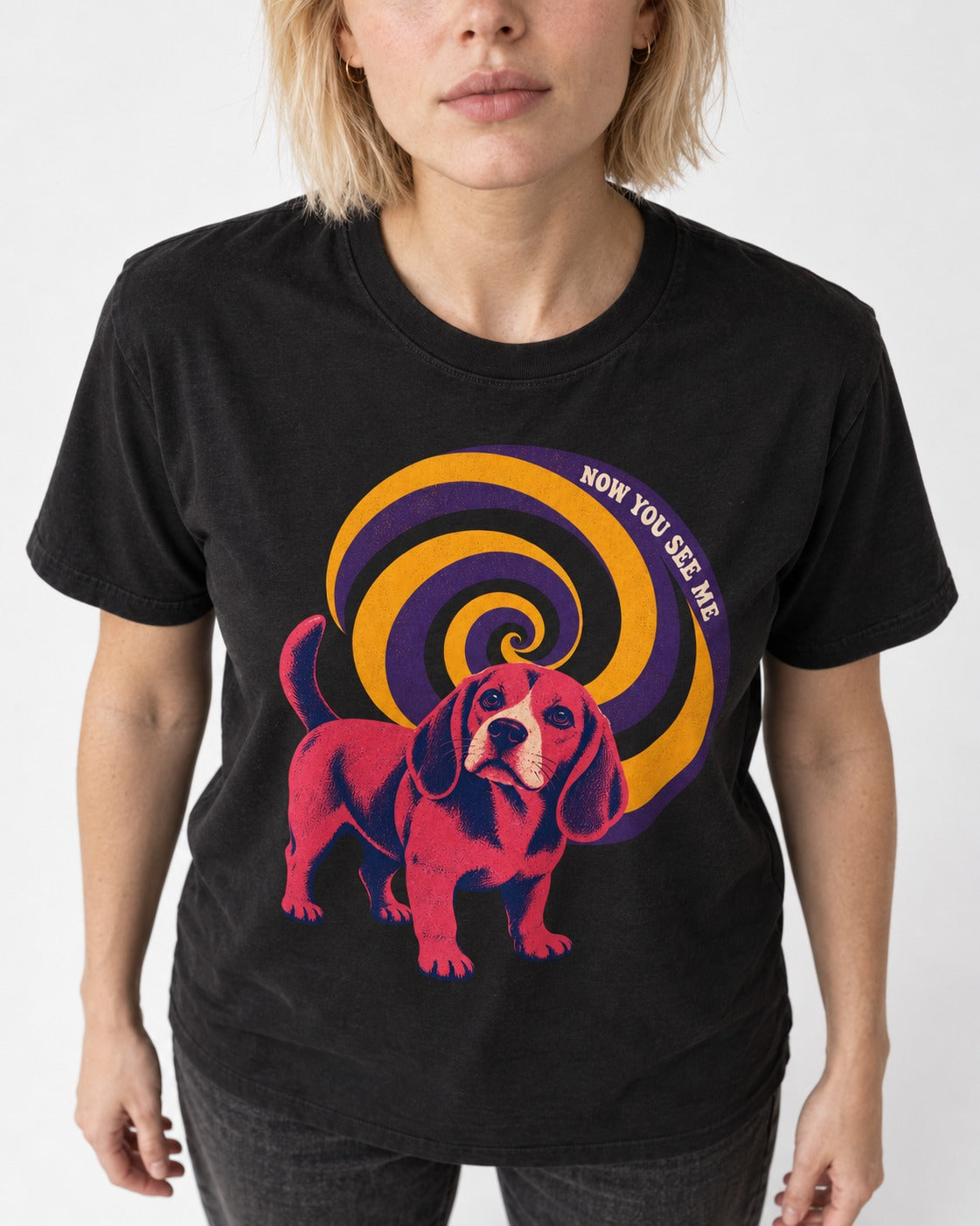 Now You See Me Beagle Spiral T-Shirt in Black, worn by a model, front view