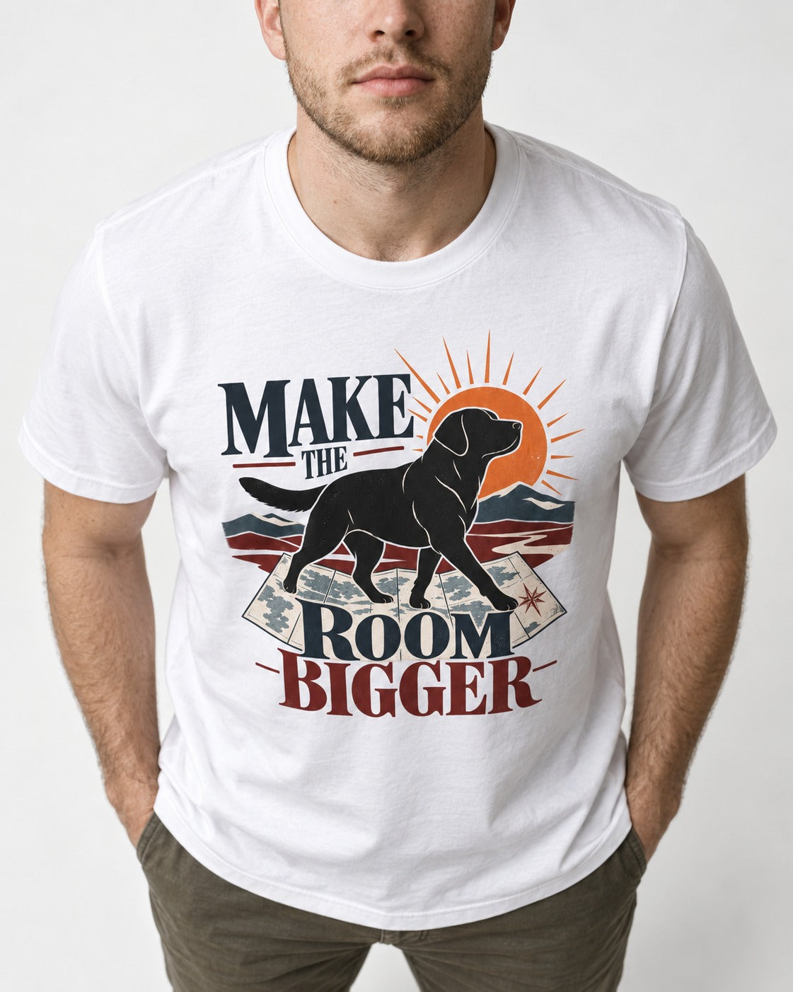 Make the Room Bigger Labrador Retriever T-Shirt in White, worn by a model, front view