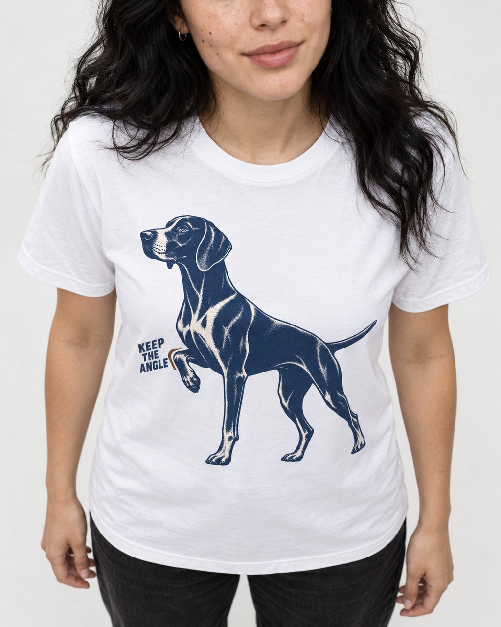 Keep the Angle German Shorthaired Pointer T-Shirt in White, worn by a model, front view