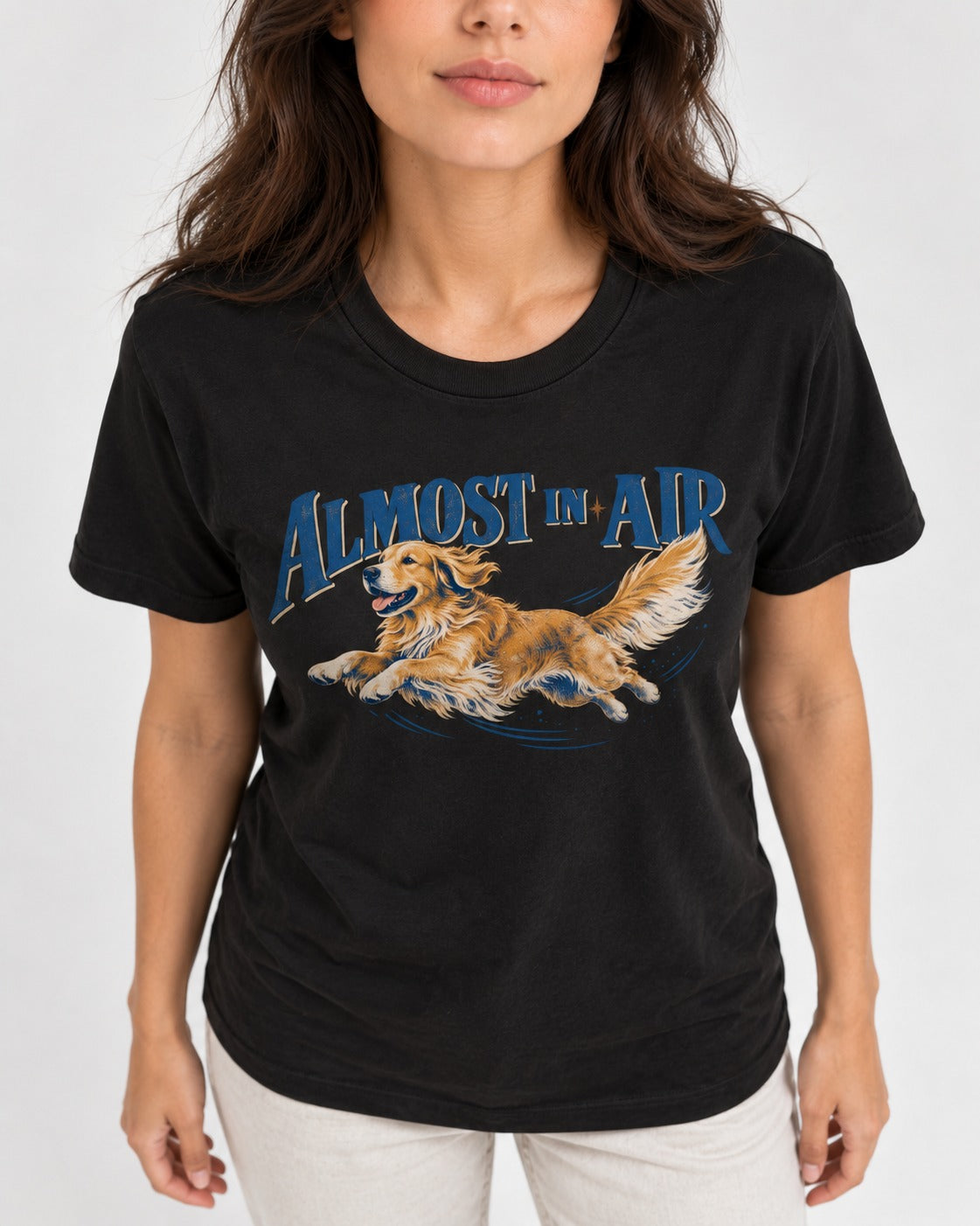 Golden Retriever Almost in Air Flying Graphic T-Shirt in Black, worn by a model, front view