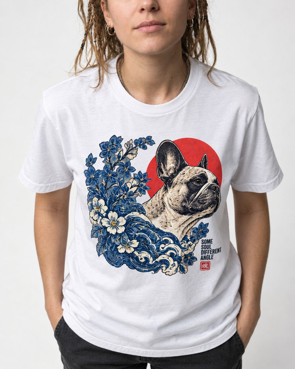 Some Soul Different Angle Frenchie T-Shirt in White, worn by a model, front view