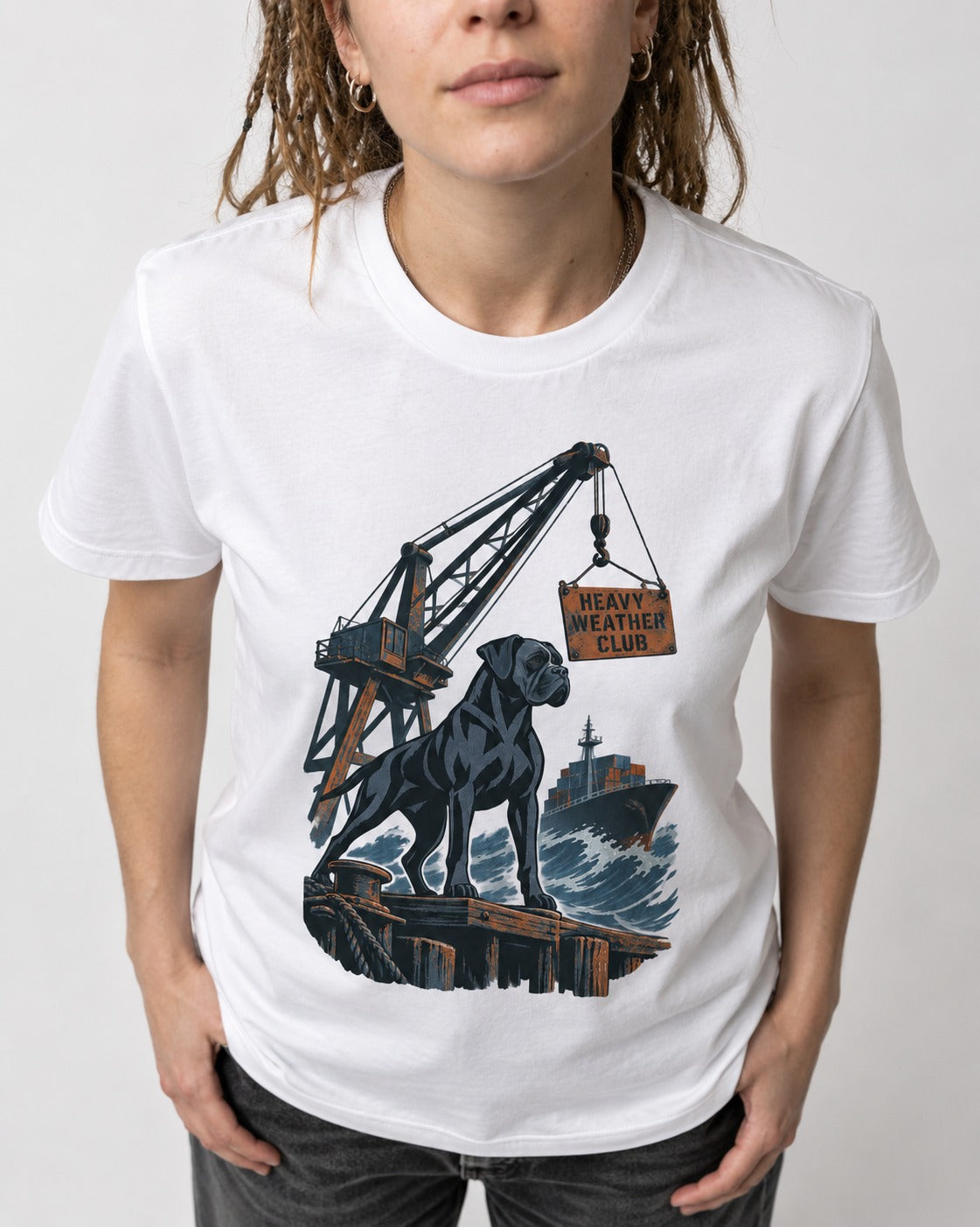 Boxer Heavy Weather Club T-Shirt in White, worn by a model, front view