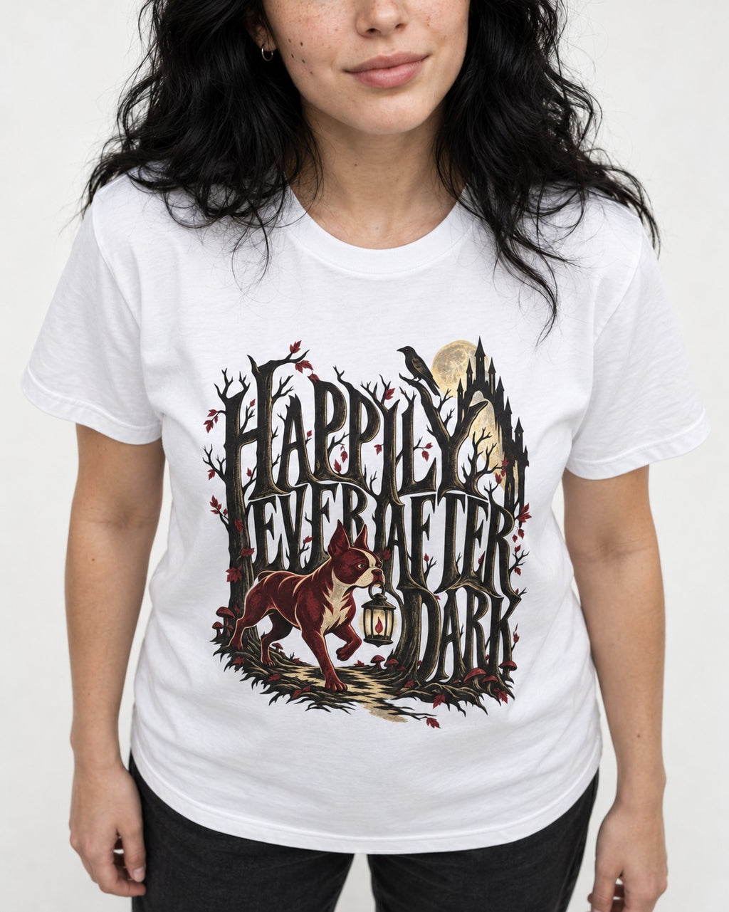 Happily Ever After Dark Boston Terrier T-Shirt in White, worn by a model, front view