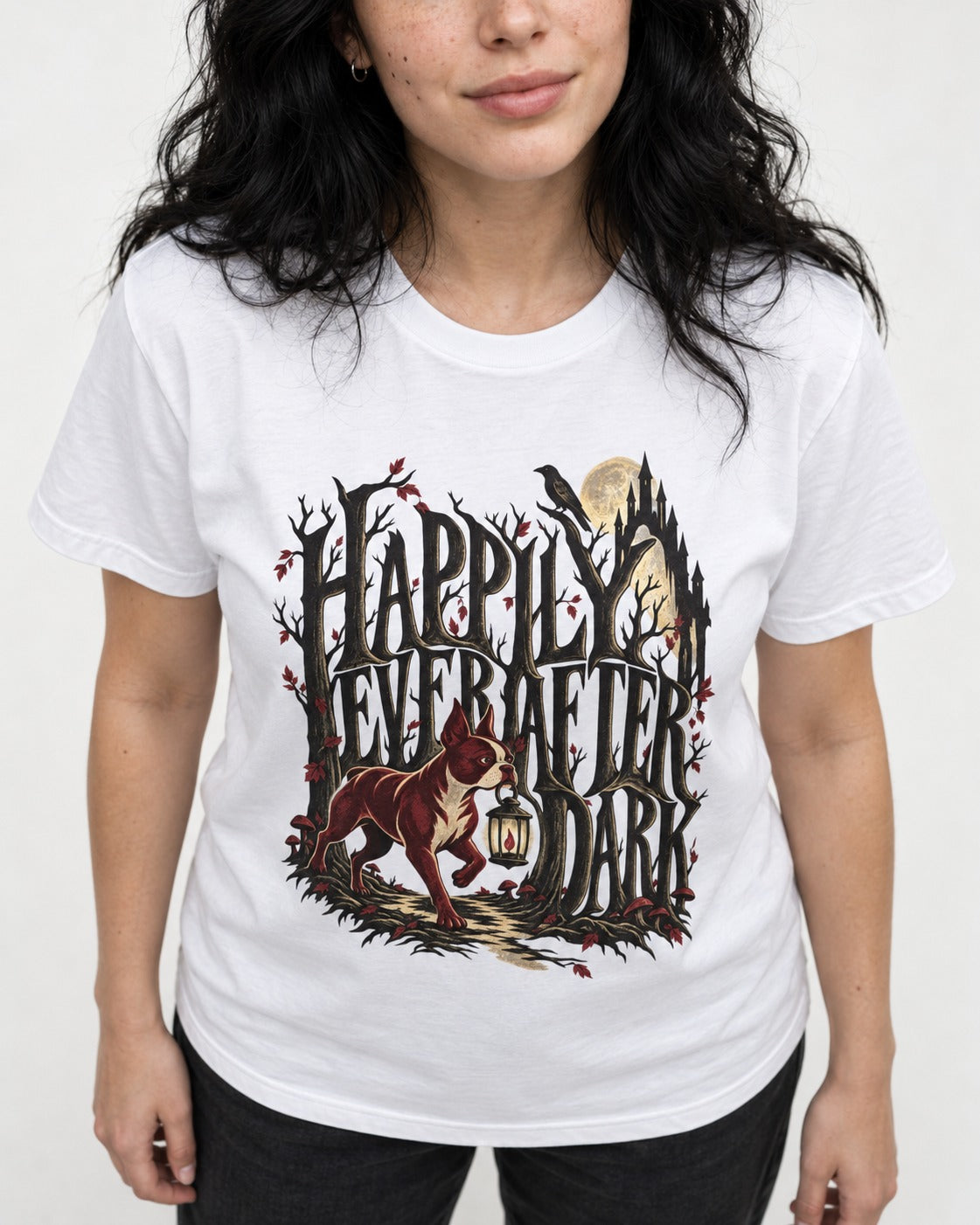 Happily Ever After Dark Boston Terrier T-Shirt in White, worn by a model, front view