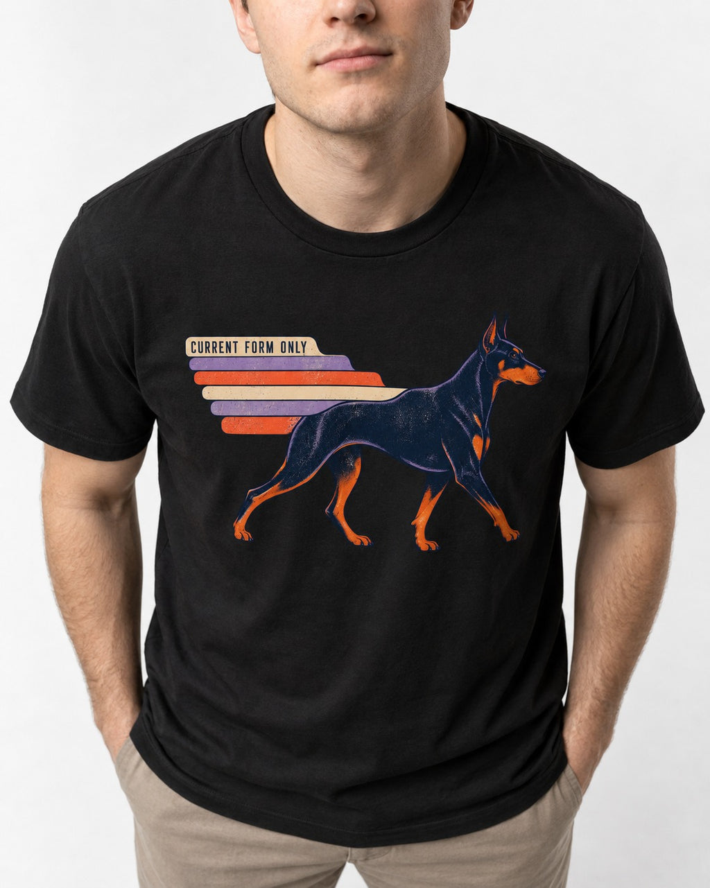 Doberman Current Form Only Speed Bars Graphic T-Shirt in Black, worn by a model, front view