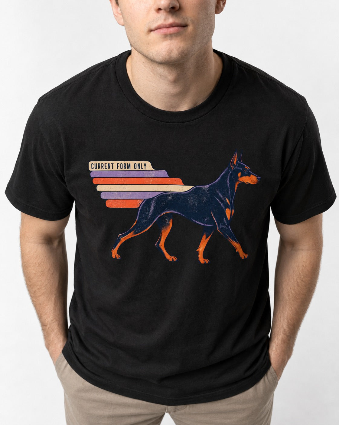 Doberman Current Form Only Speed Bars Graphic T-Shirt in Black, worn by a model, front view
