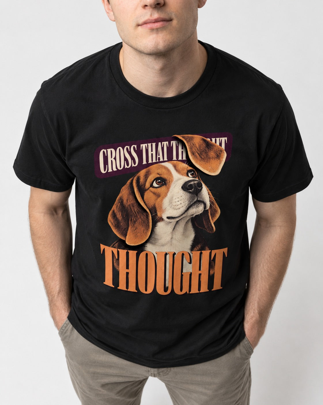 Cross That Beagle Thought T-Shirt in Black, worn by a model, front view