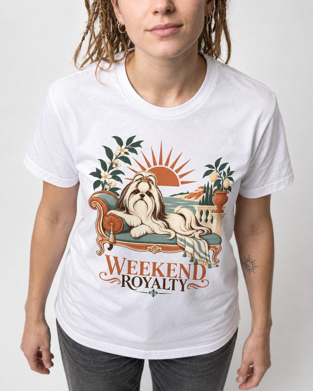Shih Tzu Weekend Royalty T-Shirt in White, worn by a model, front view