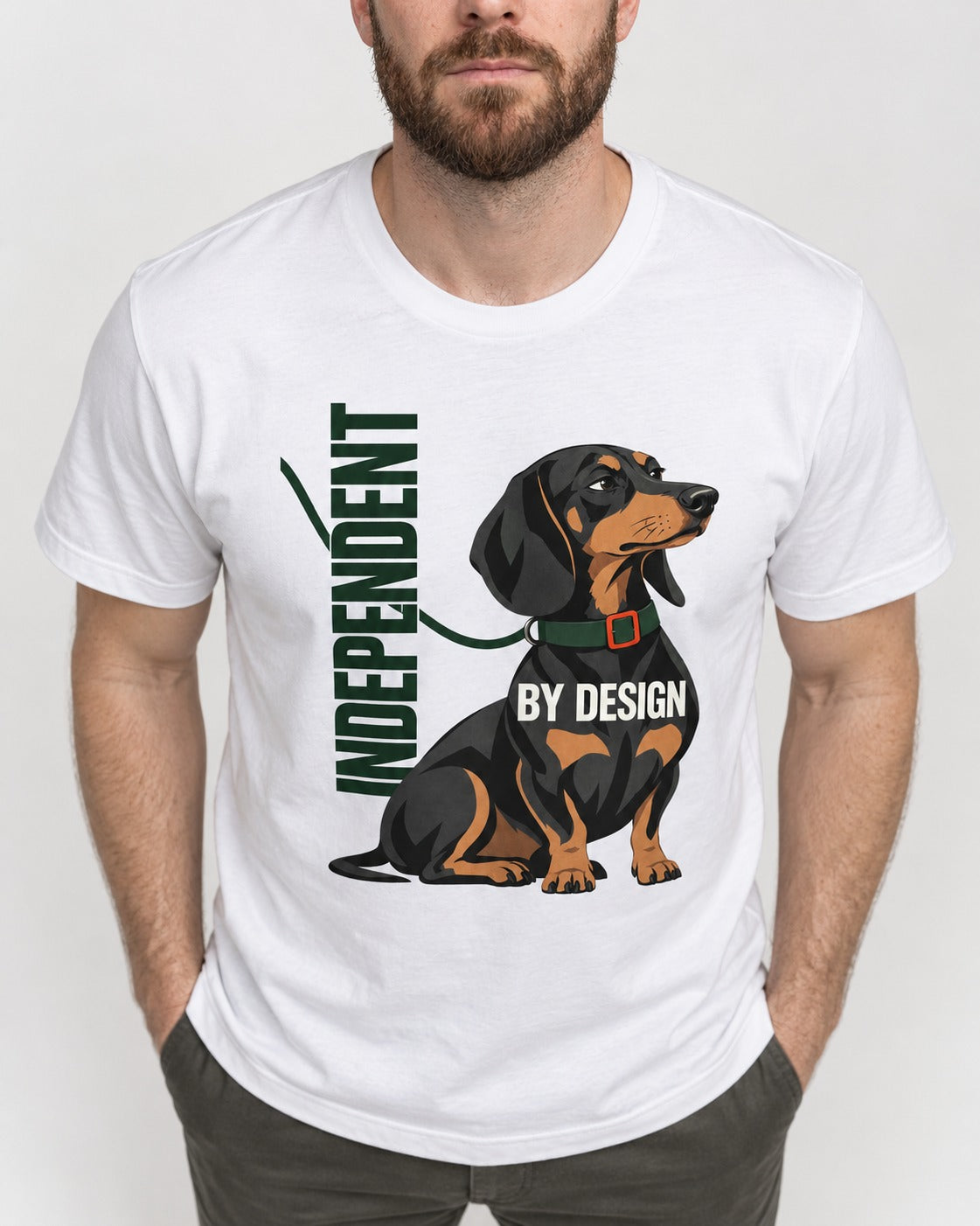Independent Dachshund T-Shirt in White, worn by a model, front view